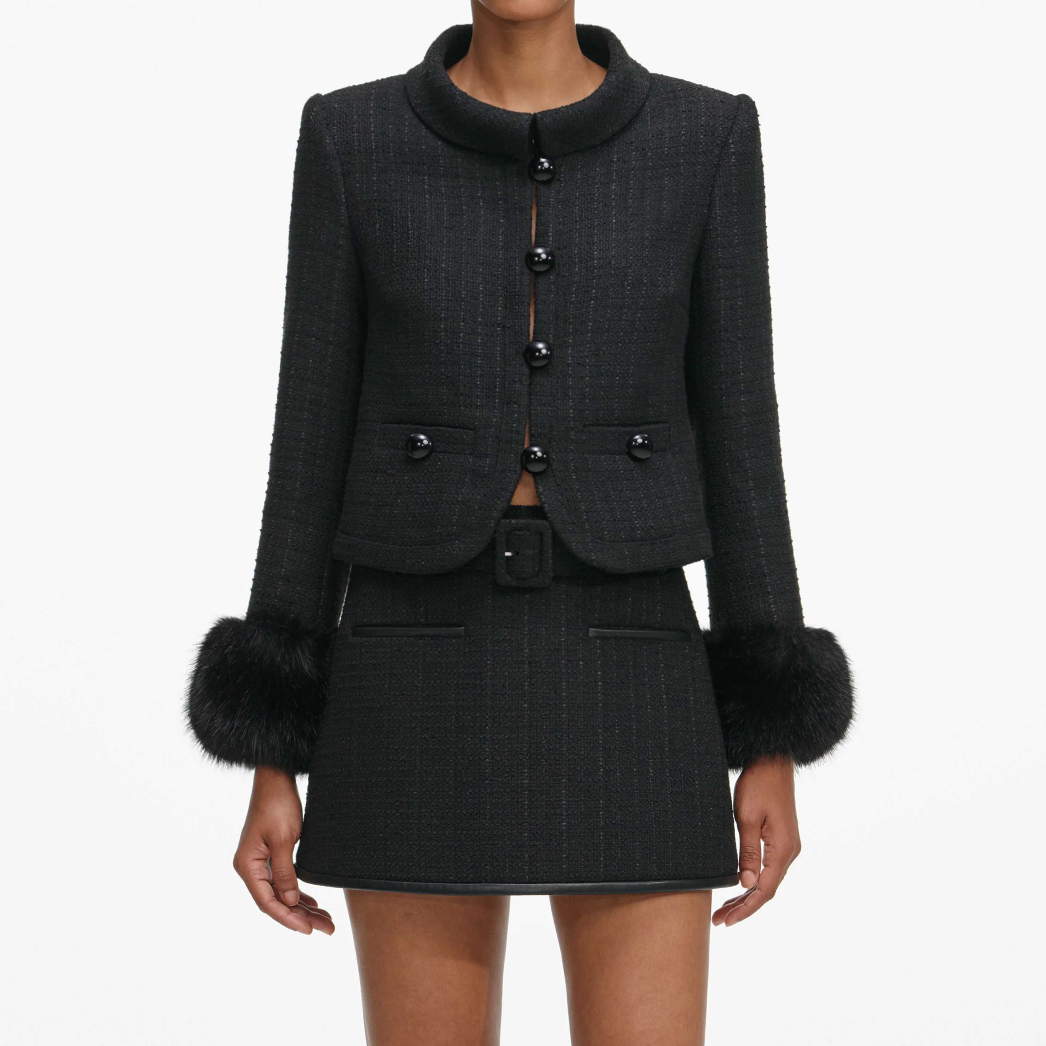 Black Boucle Faux Fur Cuff Jacket - Image 4