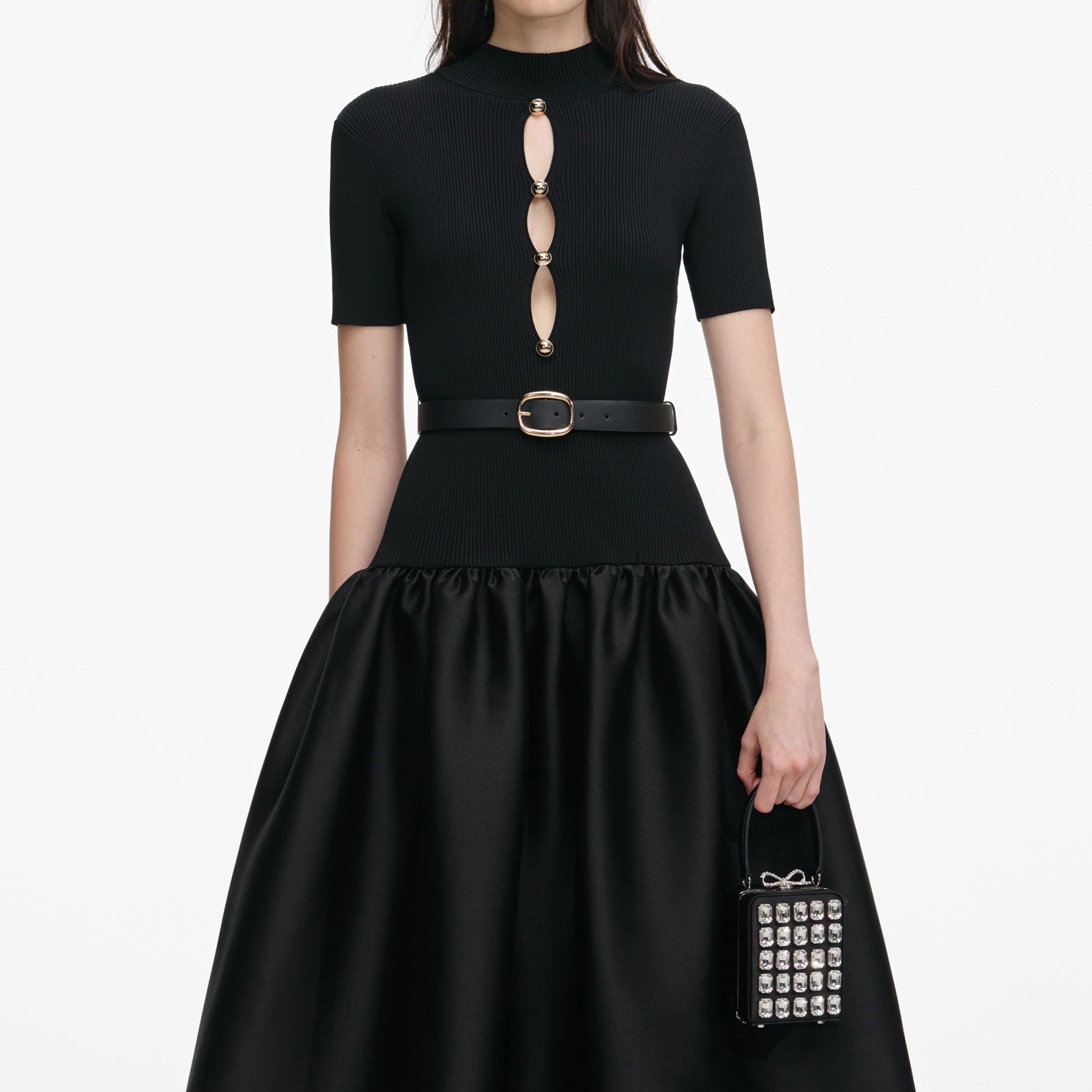 Black Knit Taffeta Midi Dress - Image 4