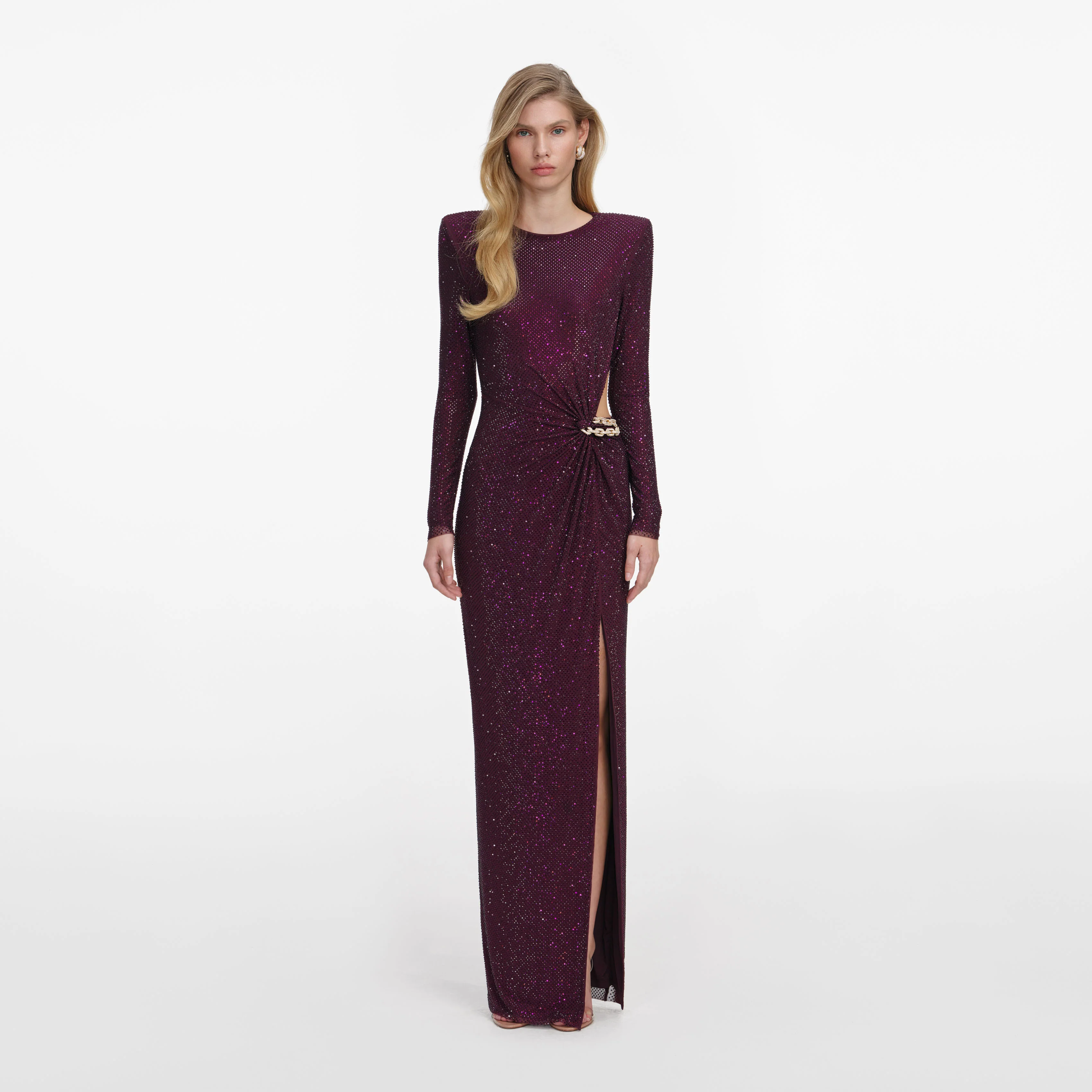 Burgundy Rhinestone Embellished Maxi Dress
