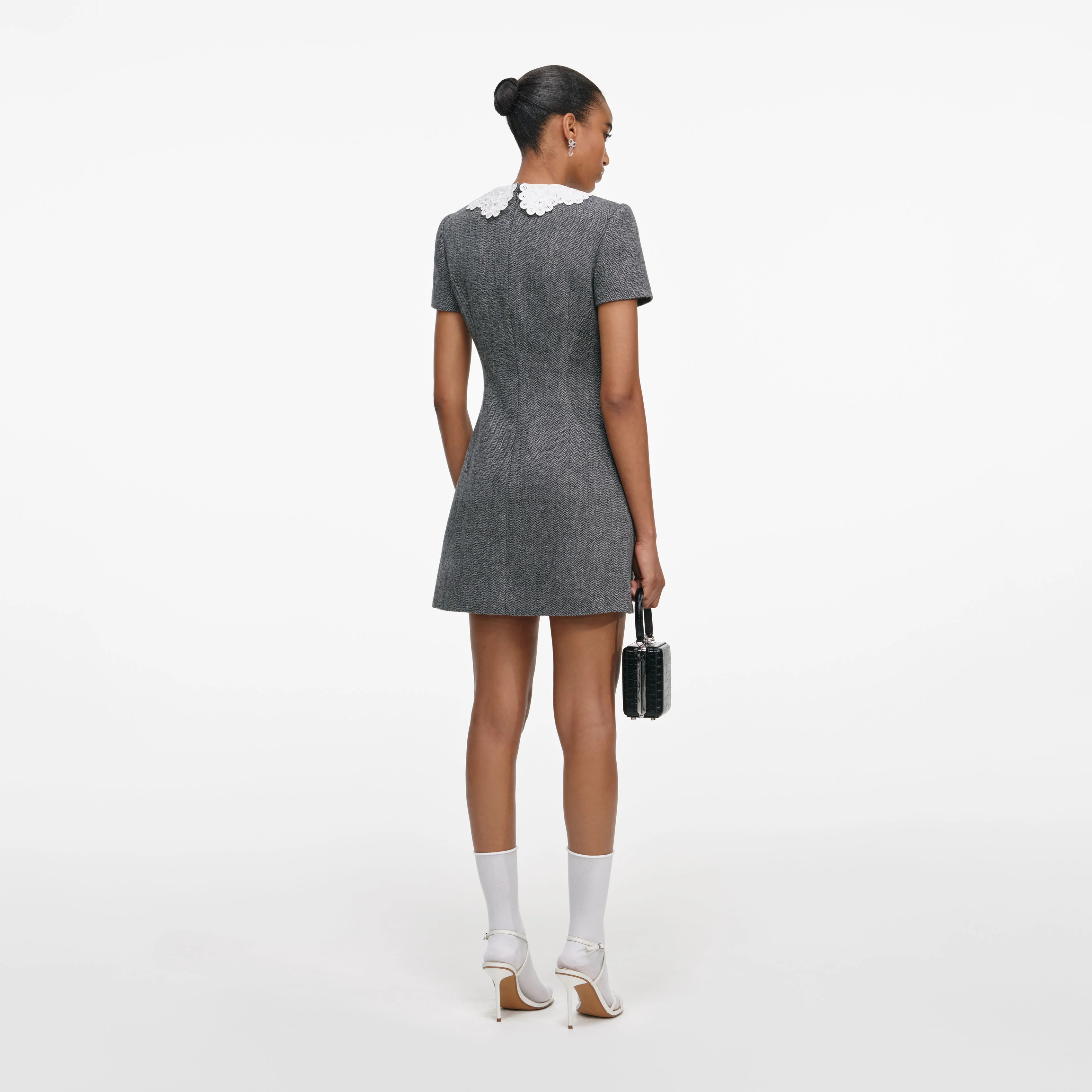 Grey Herringbone Collared Mini Dress - Image 3