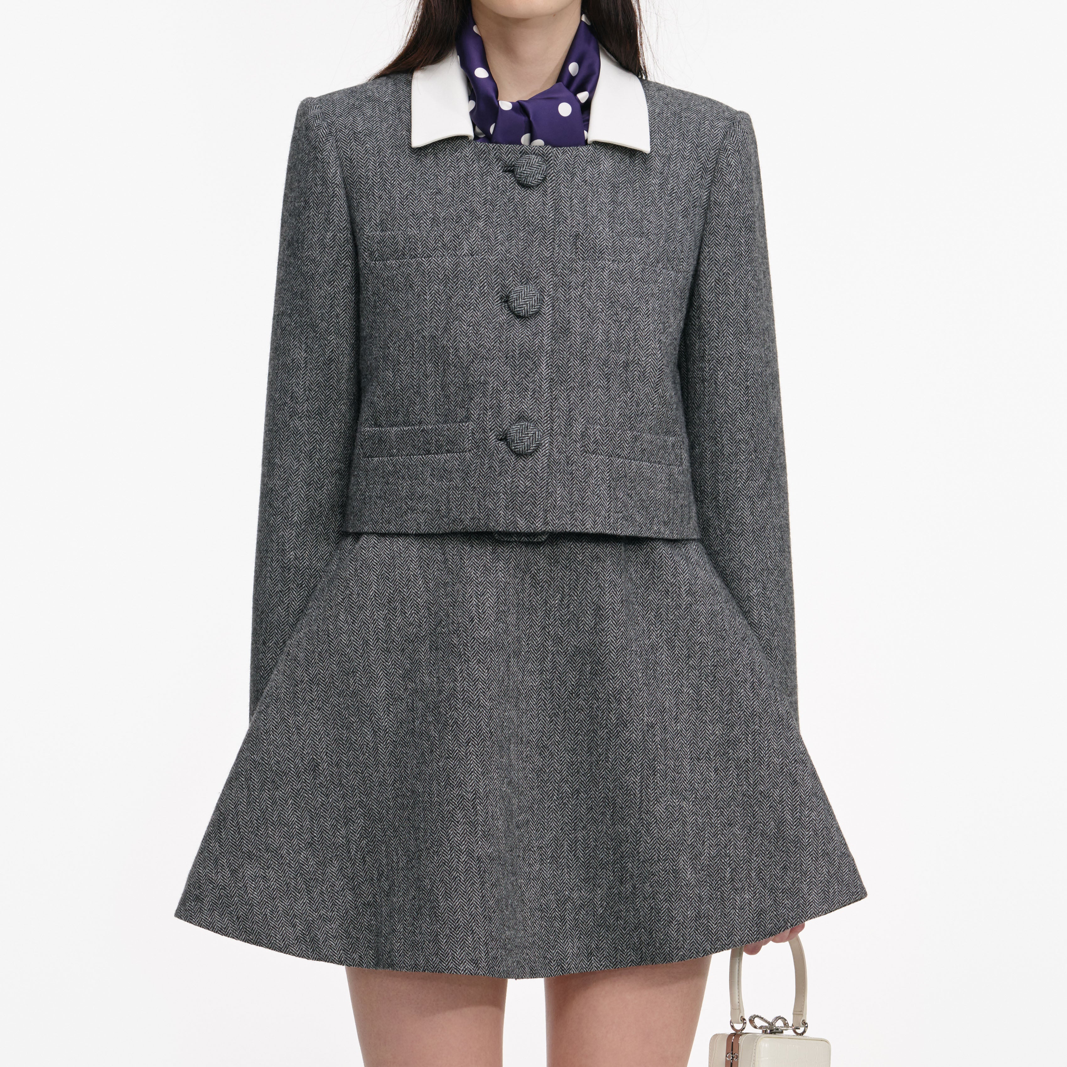 Grey Herringbone Scarf Detail Jacket - Image 5
