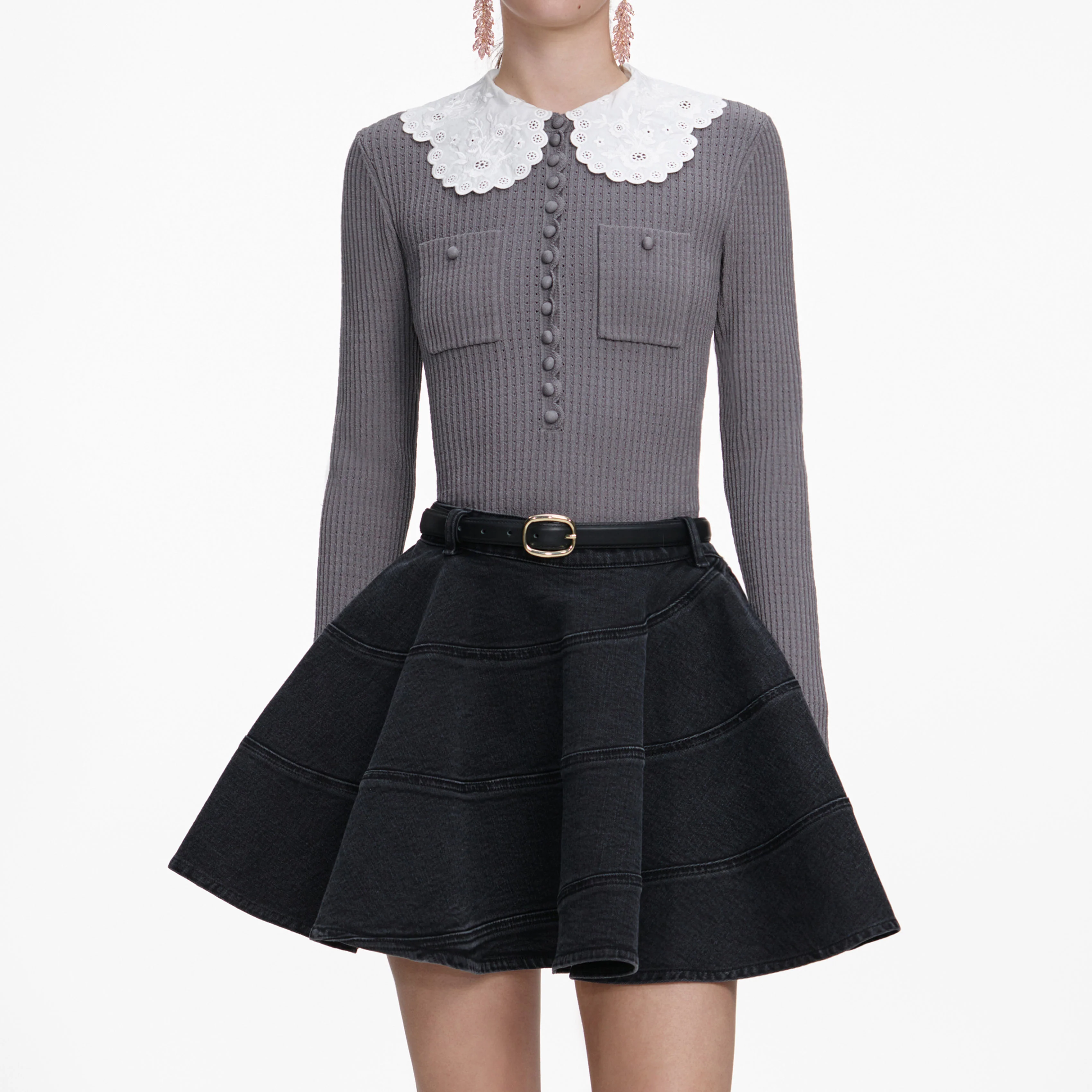 Grey Lace Collar Knit Top - Image 4
