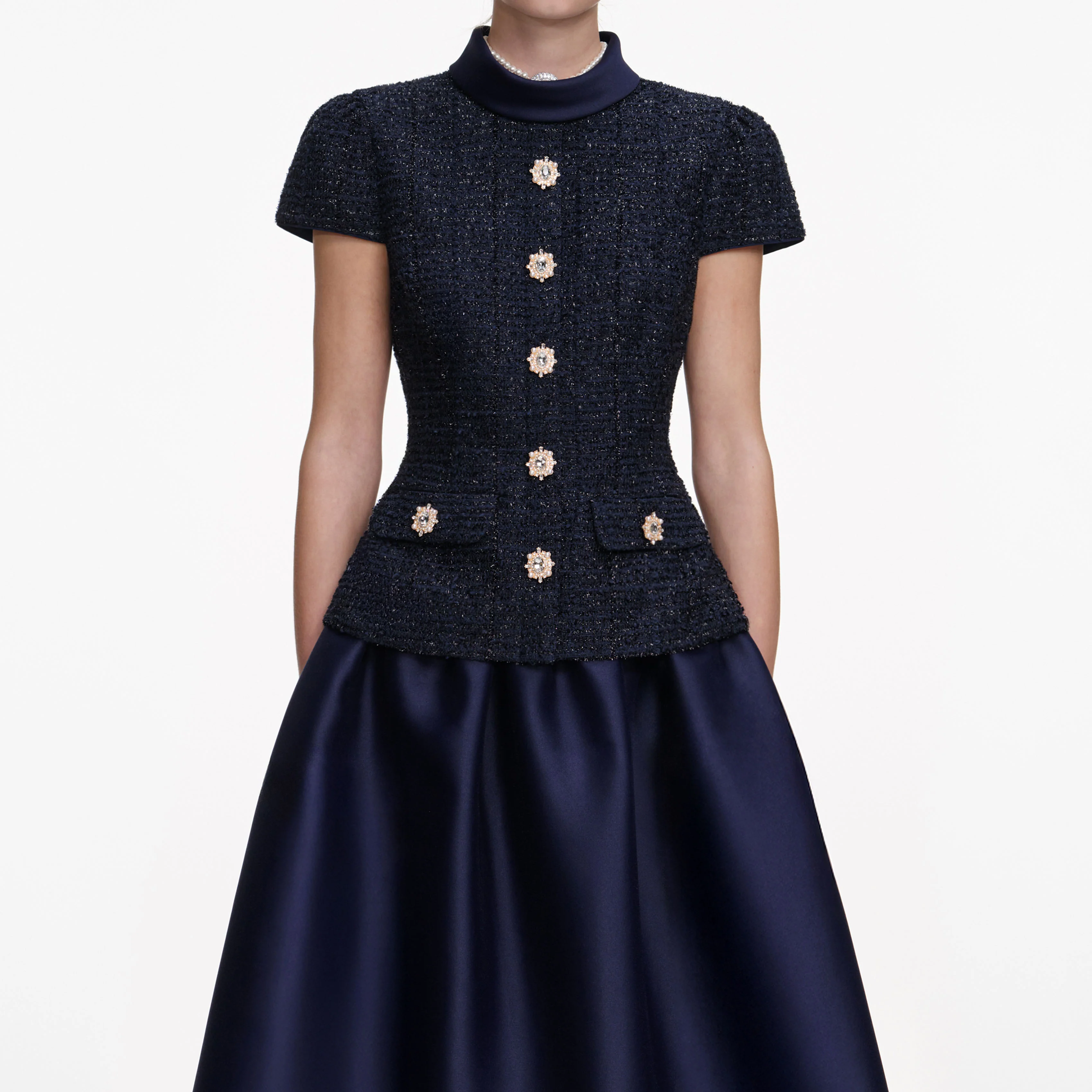 Navy Metallic Boucle Taffeta Midi Dress - Image 4