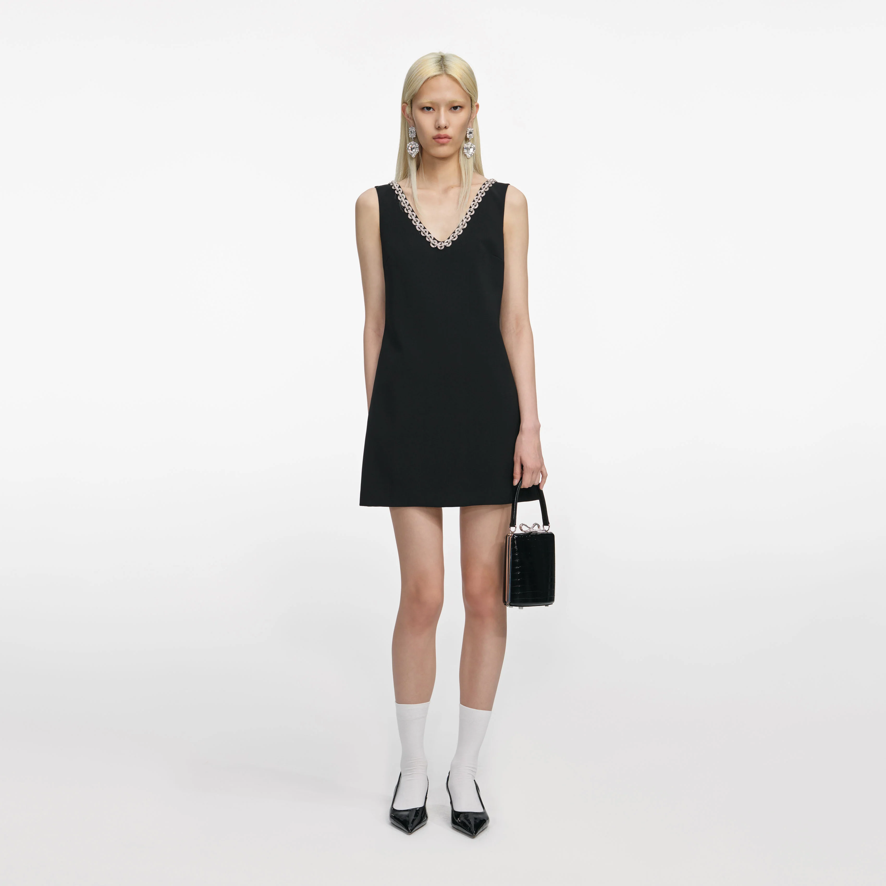Black Crepe Crystal Trim Mini Dress