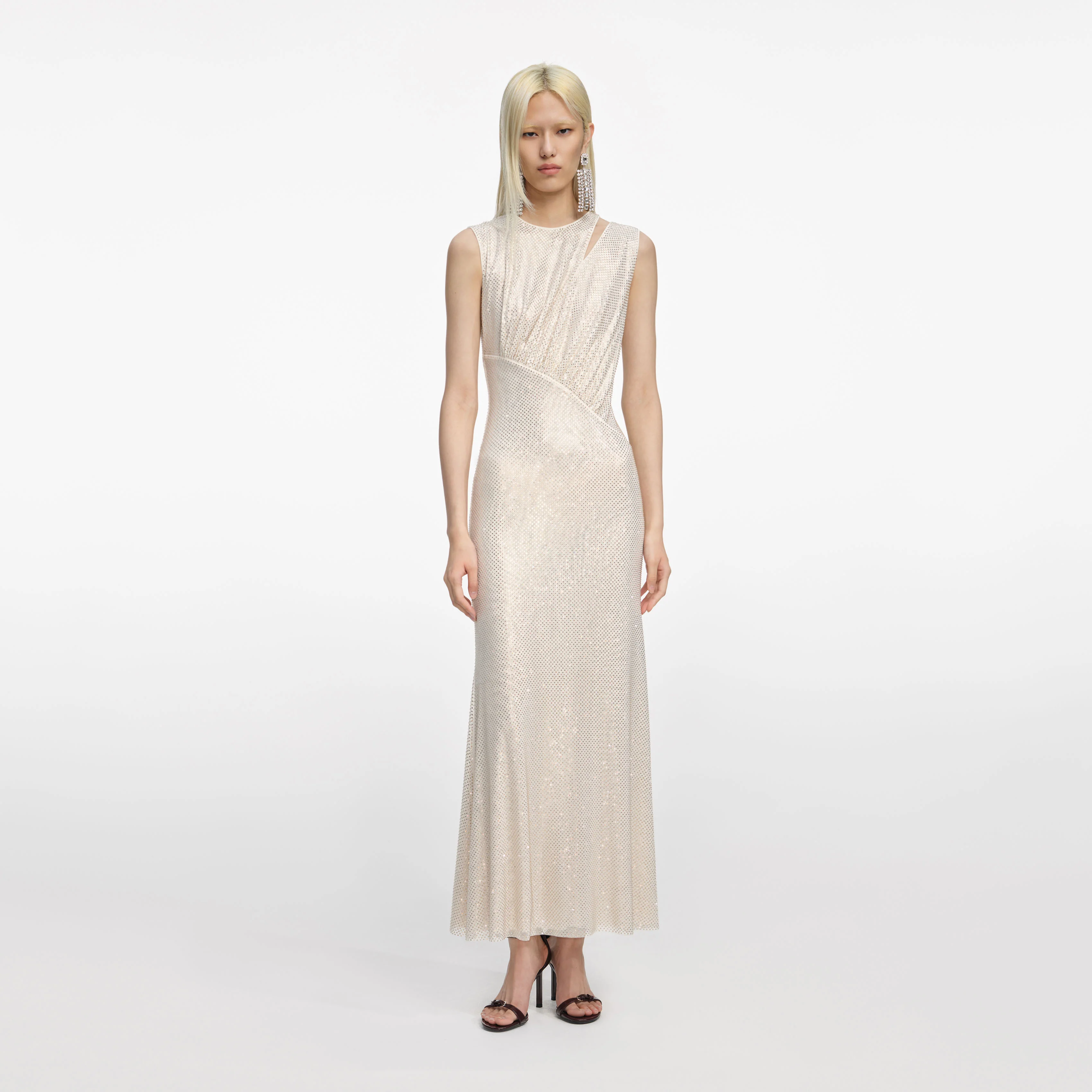 Champagne Rhinestone Cut Out Midi Dress