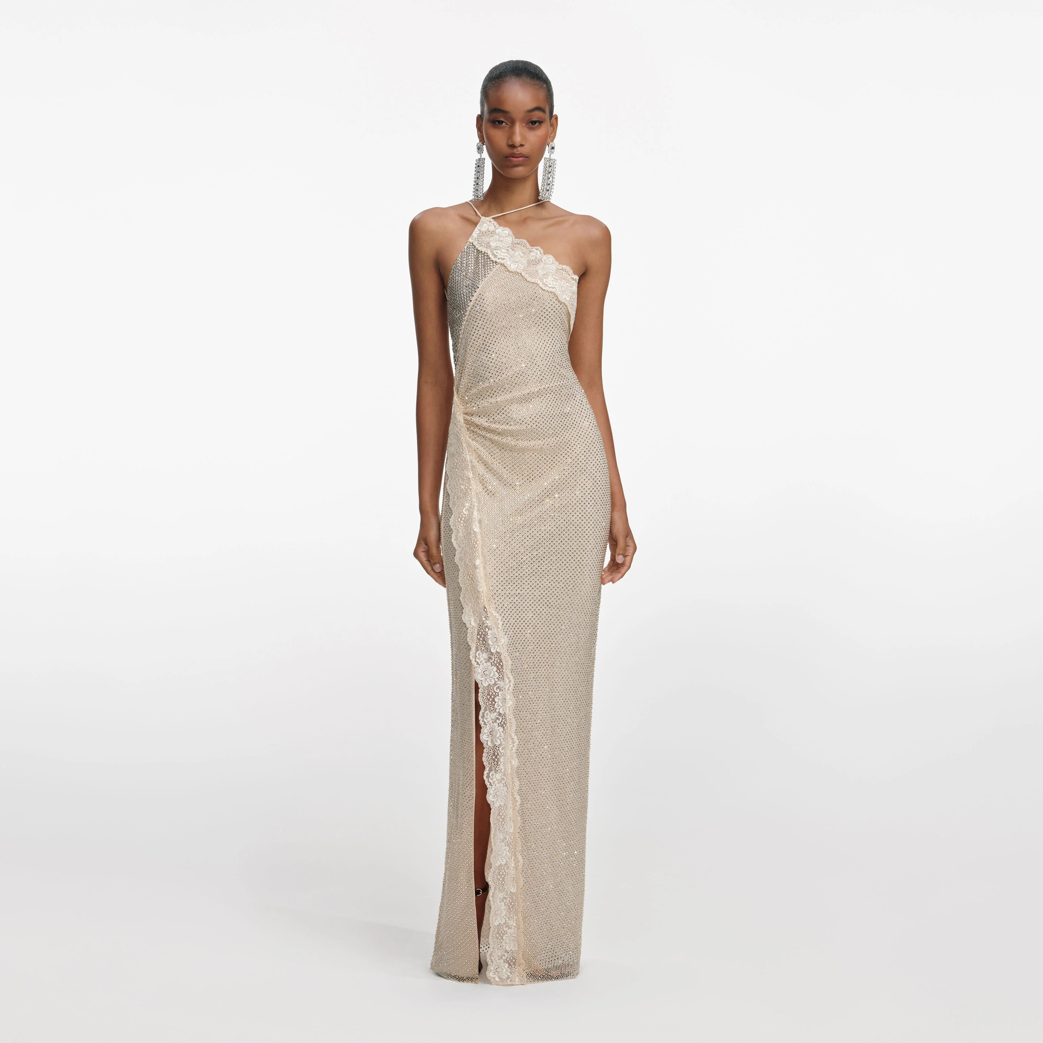 Champagne Rhinestone Lace Trim Maxi Dress