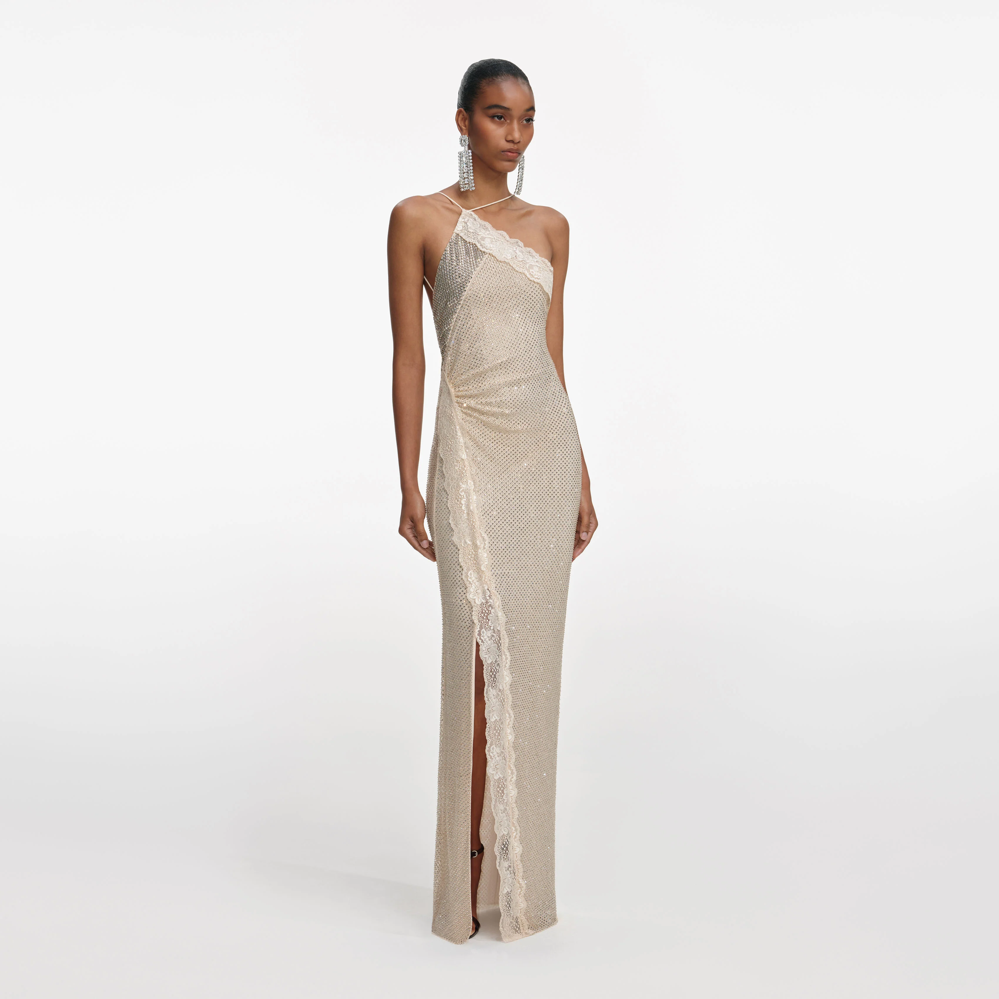 Champagne Rhinestone Lace Trim Maxi Dress - Image 2