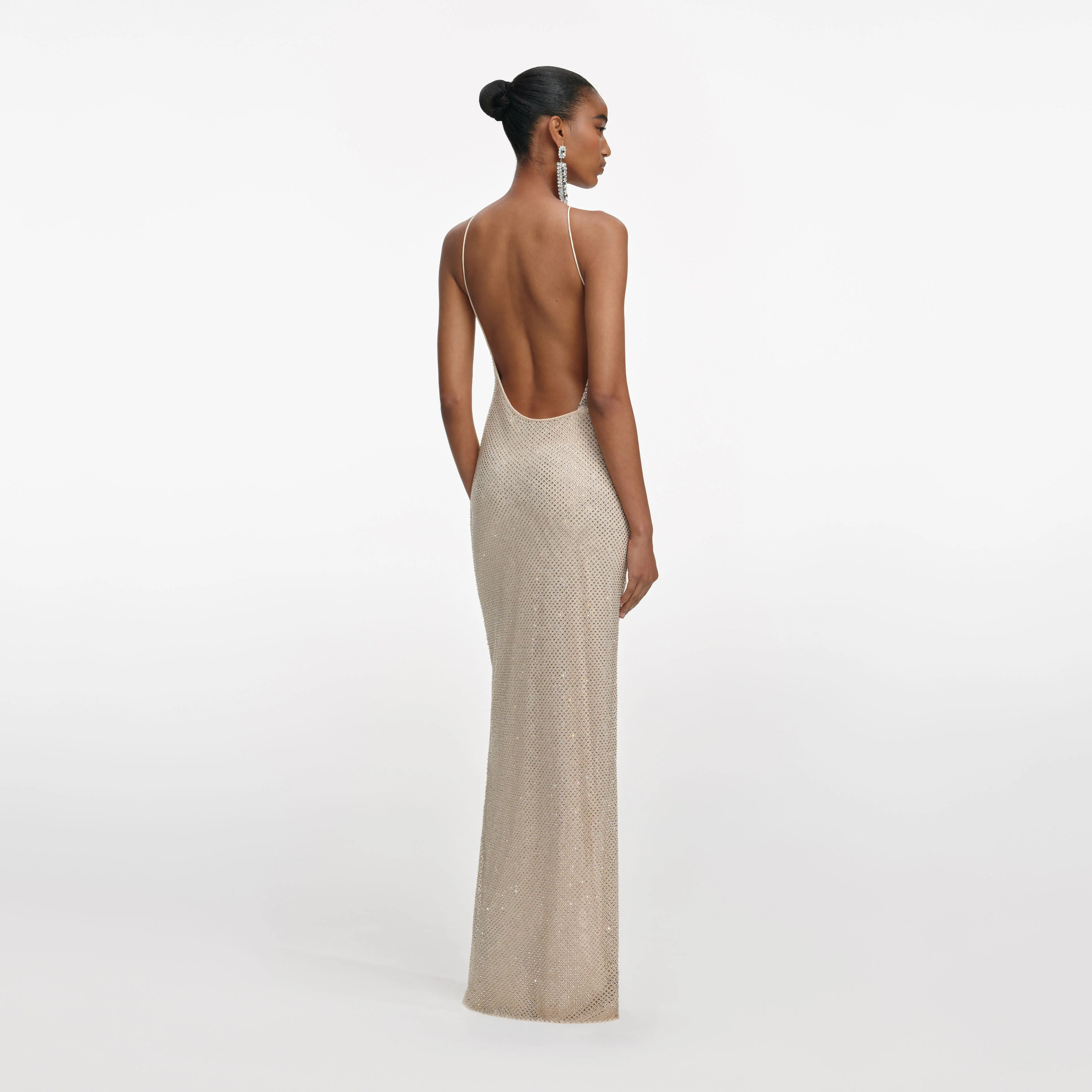 Champagne Rhinestone Lace Trim Maxi Dress - Image 3