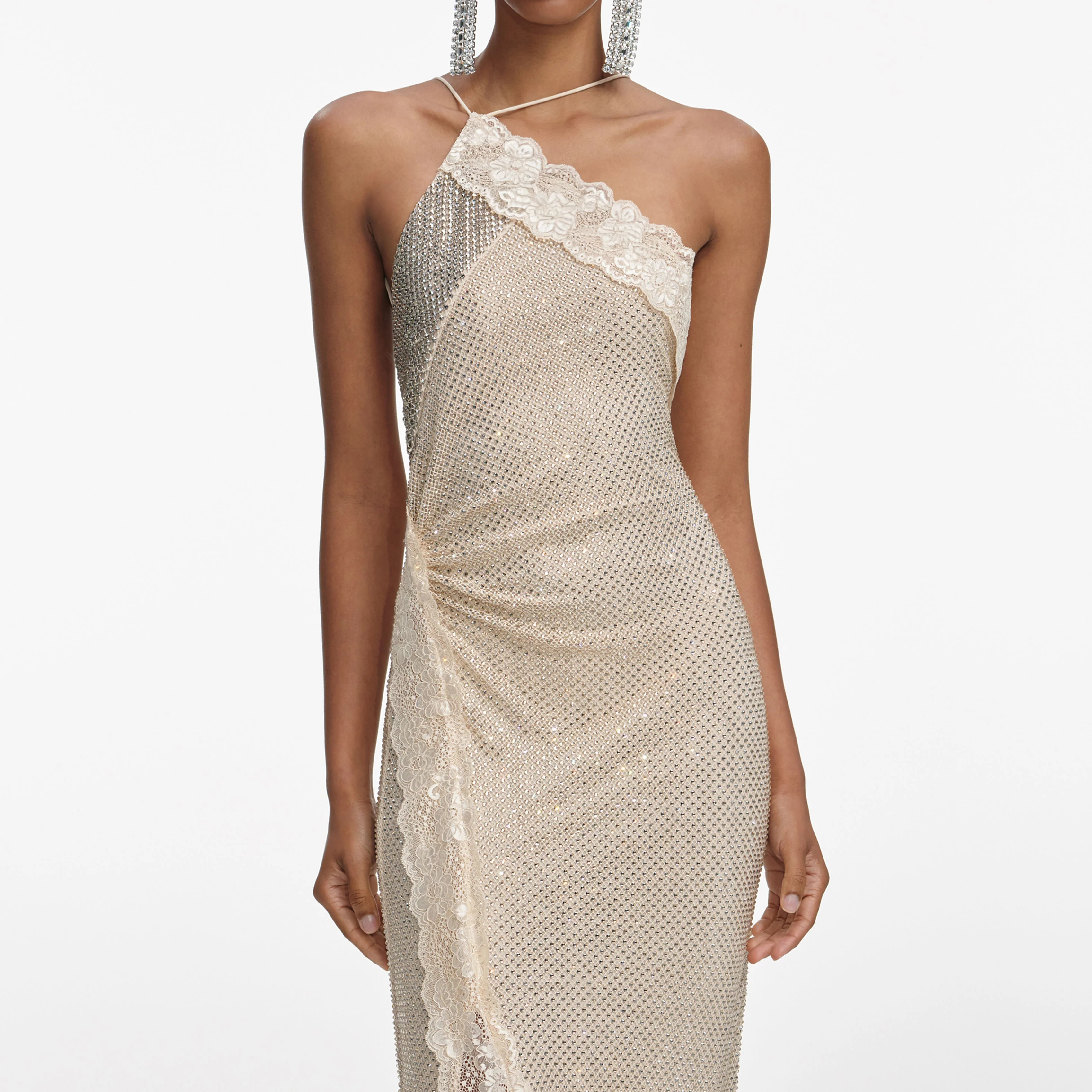 Champagne Rhinestone Lace Trim Maxi Dress - Image 4