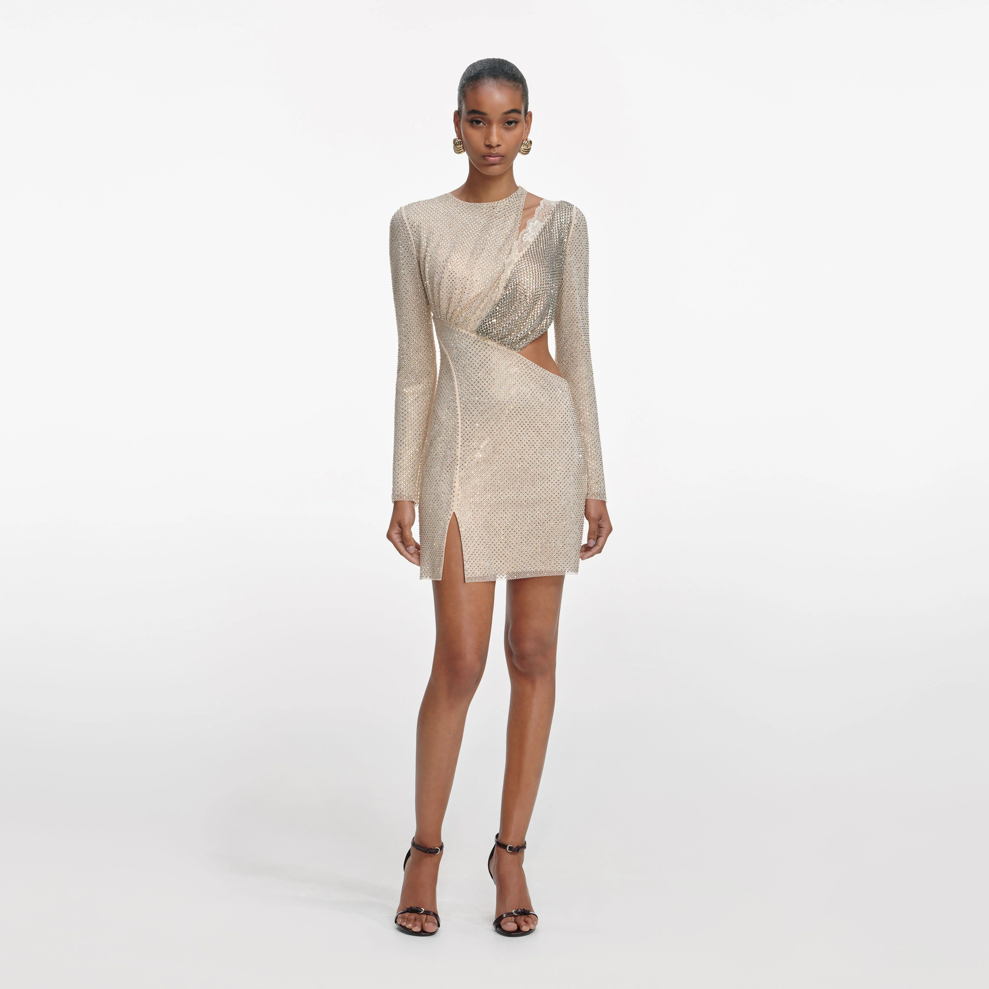 Champagne Rhinestone Lace Trim Mini Dress