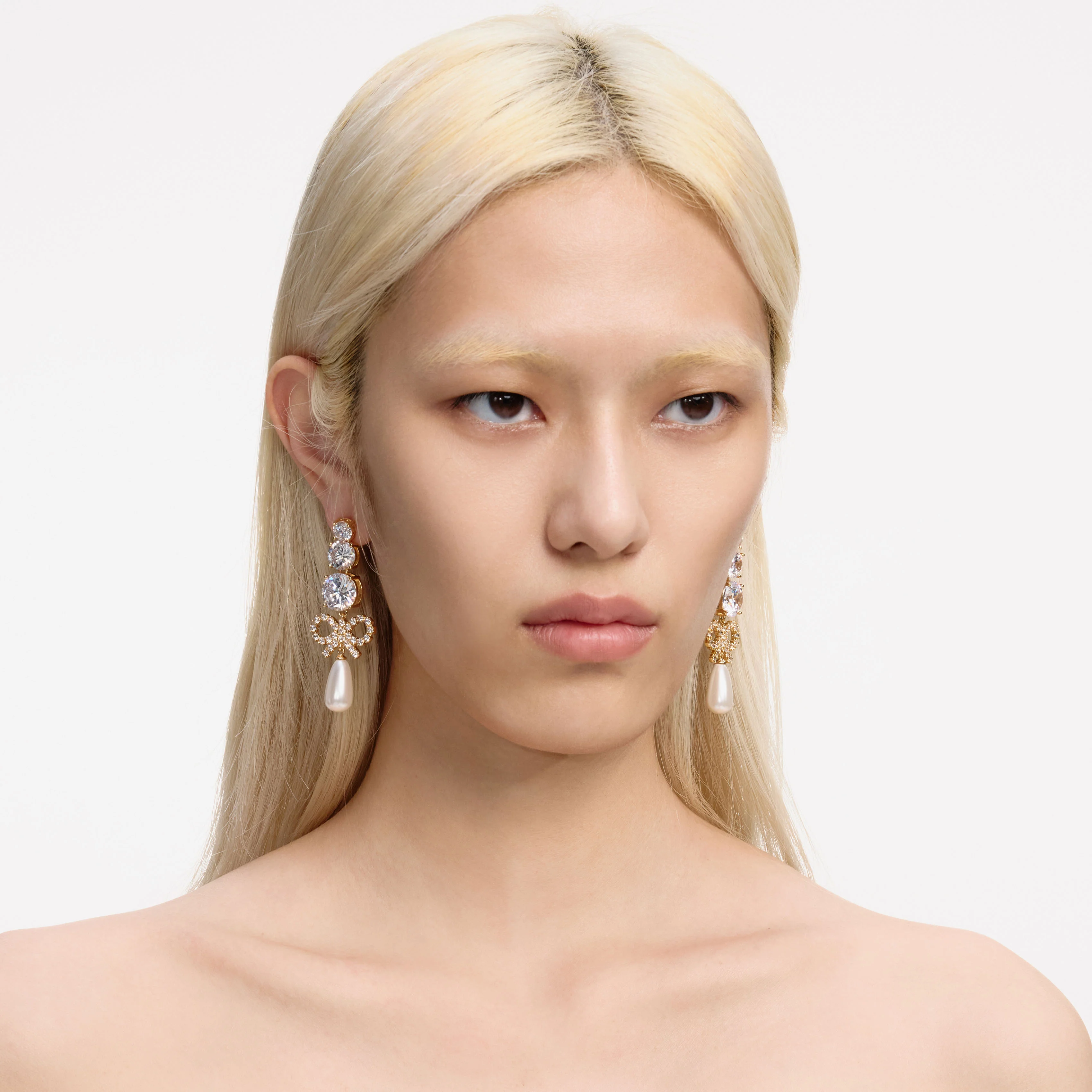 Gold Crystal Bow Pearl Earrings - Image 2
