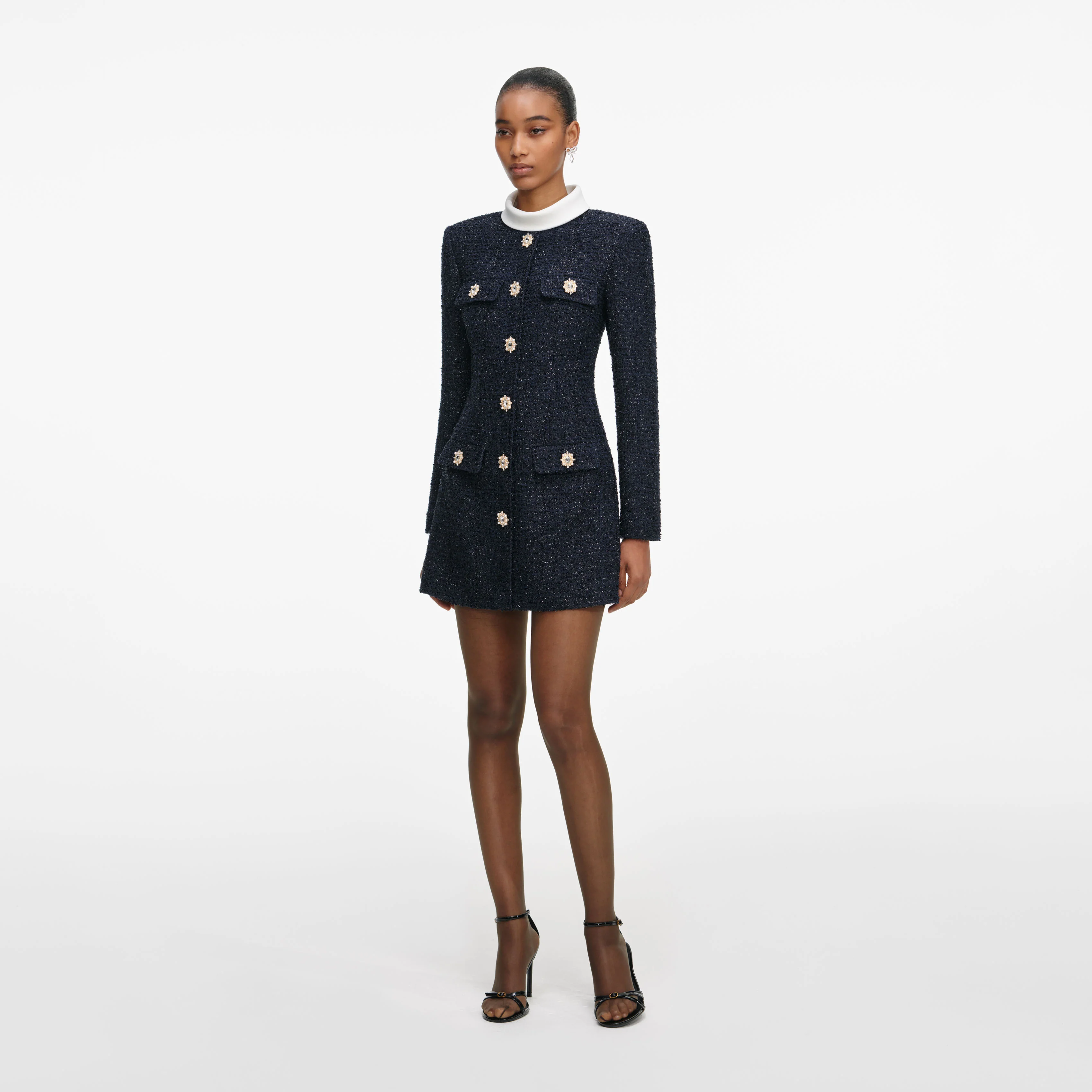 Navy Boucle Long Sleeve Mini Dress - Image 2