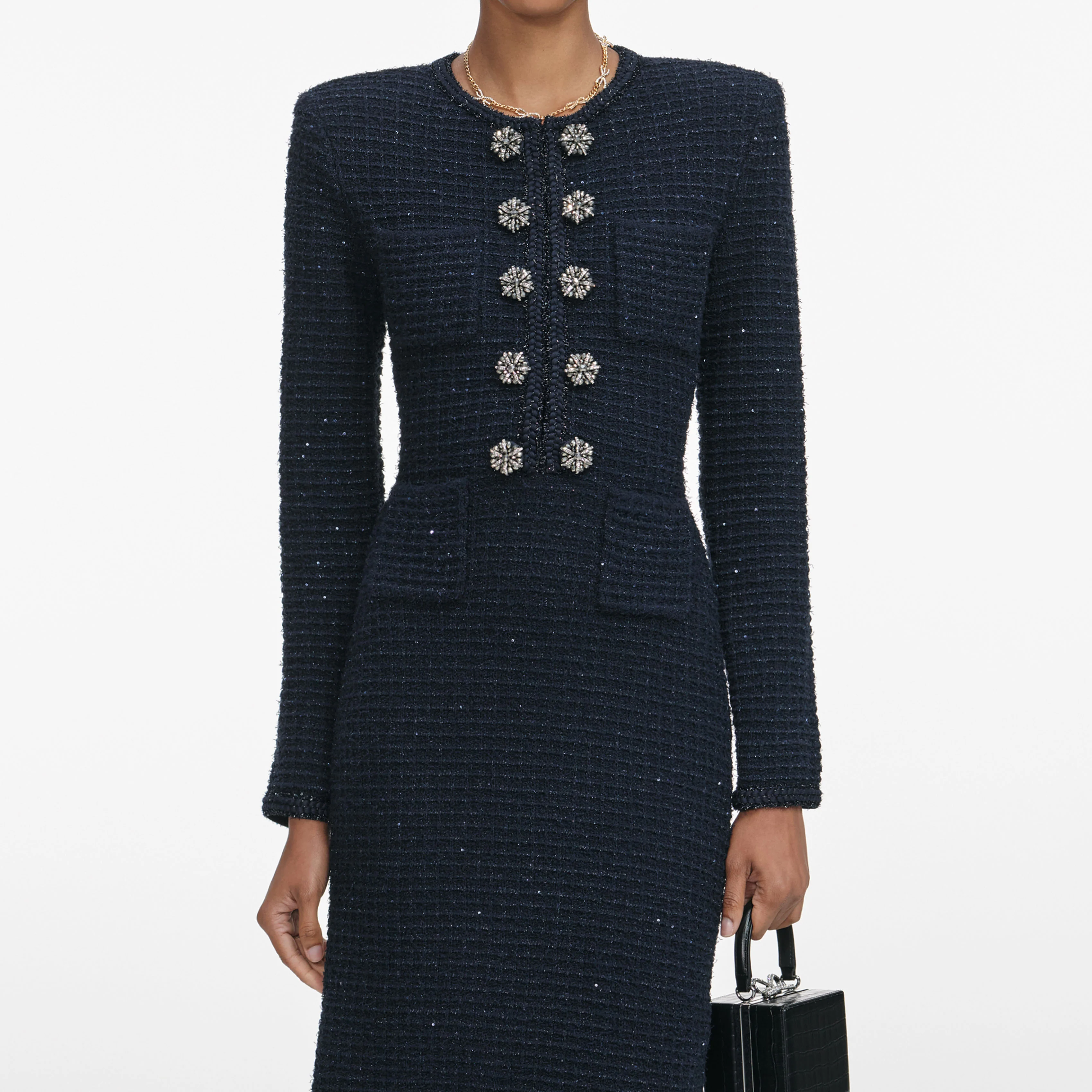 Navy Textured Knit Midi Dress - Image 4