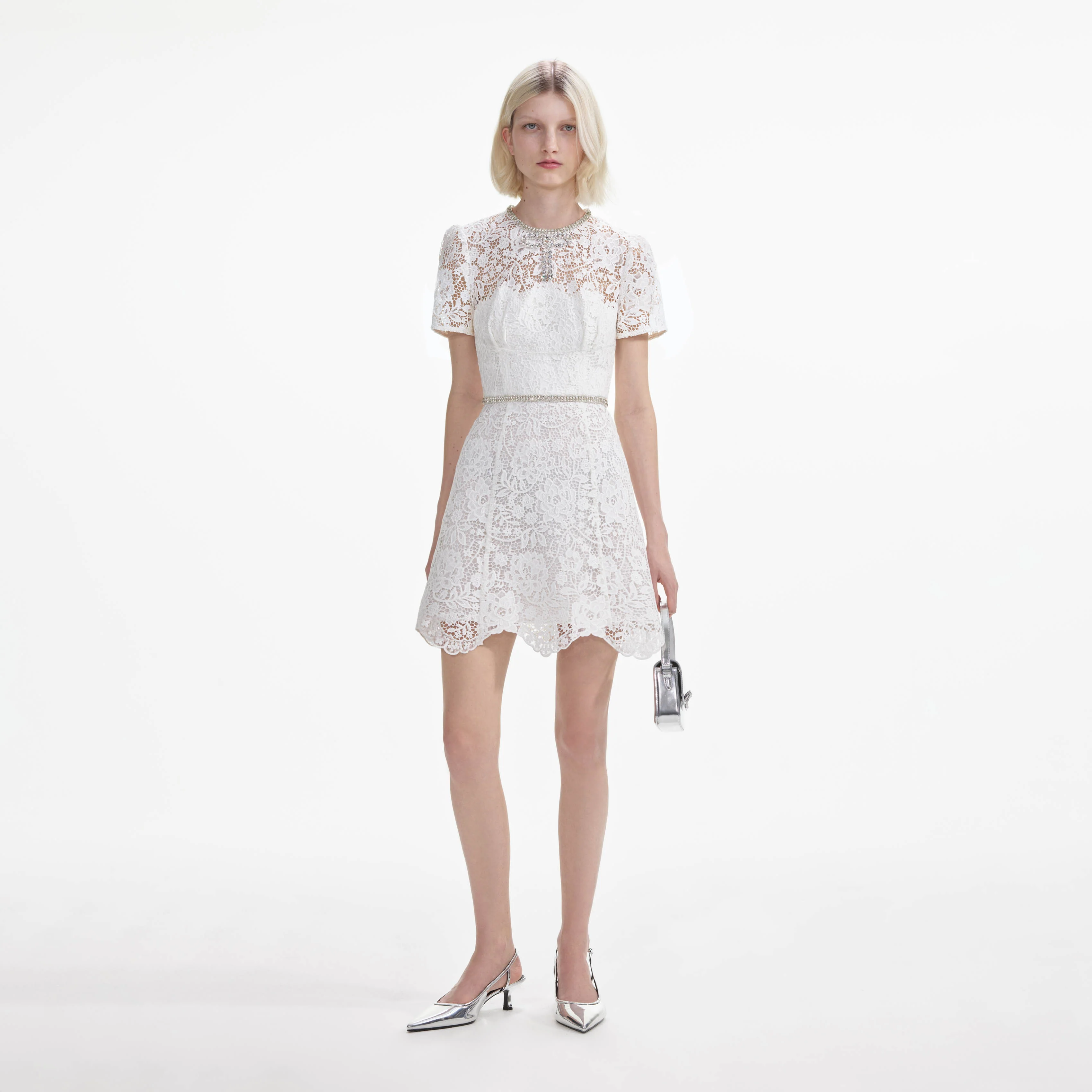 White Lace Diamante Mini Dress