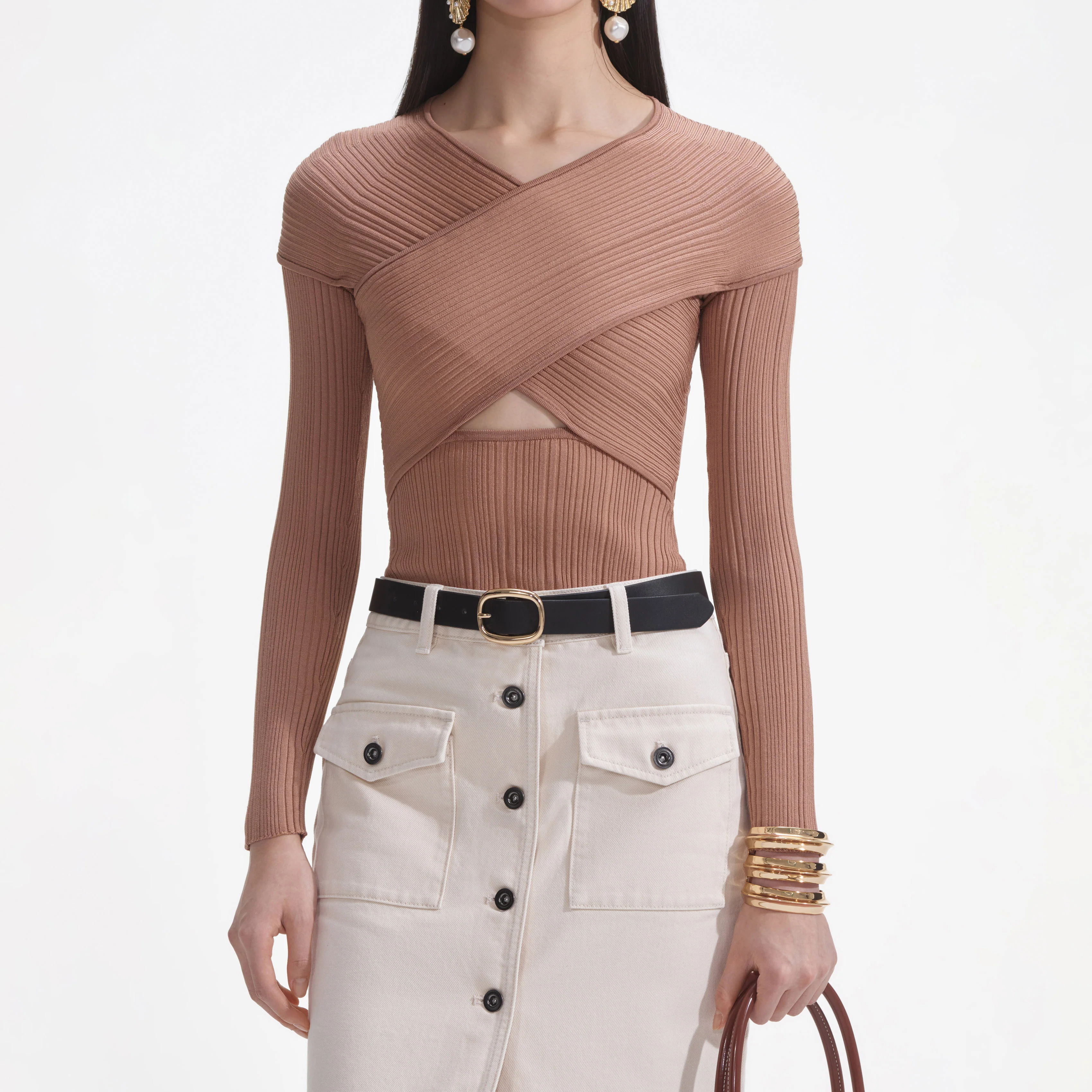 Beige Ribbed Knit Wrap Top - Image 4