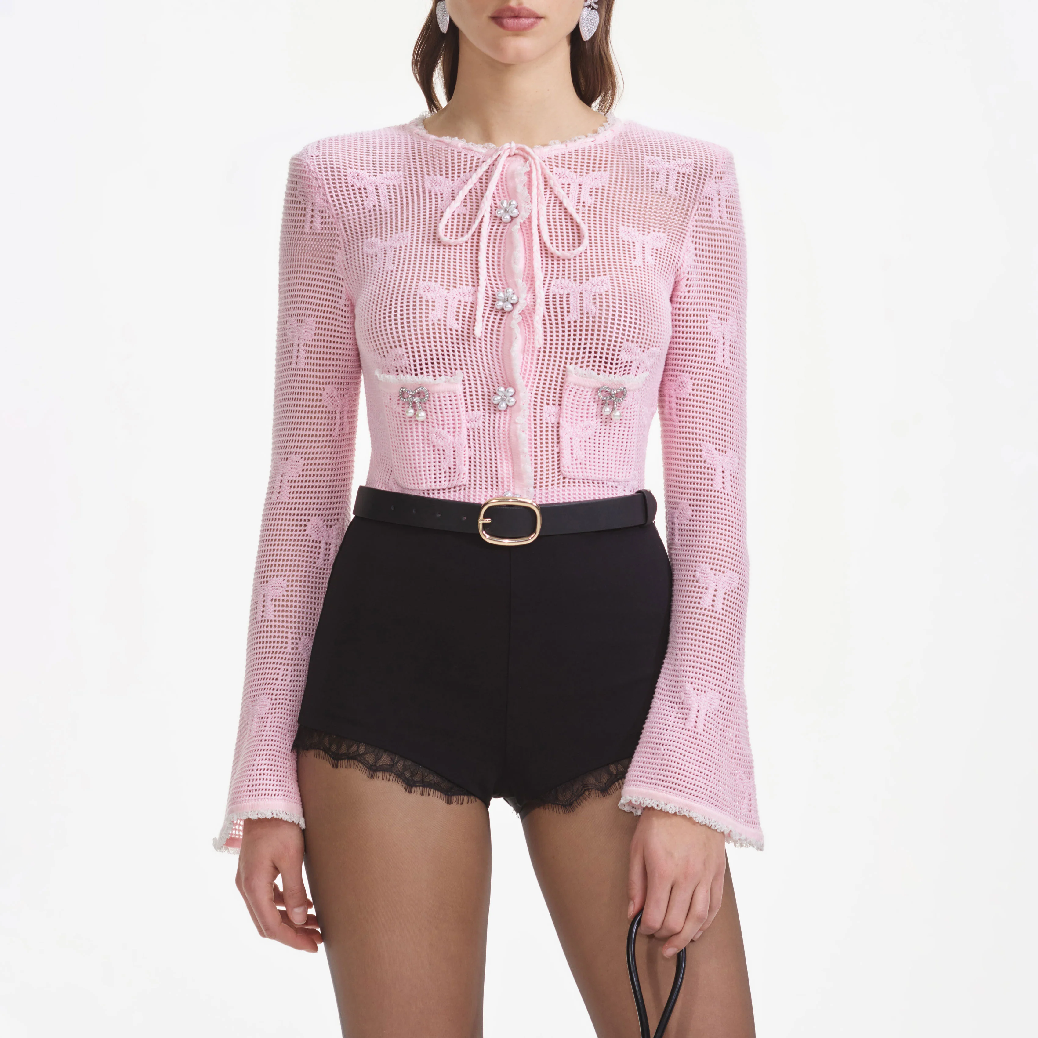 Black Stretch Crepe Lace Short - Image 4
