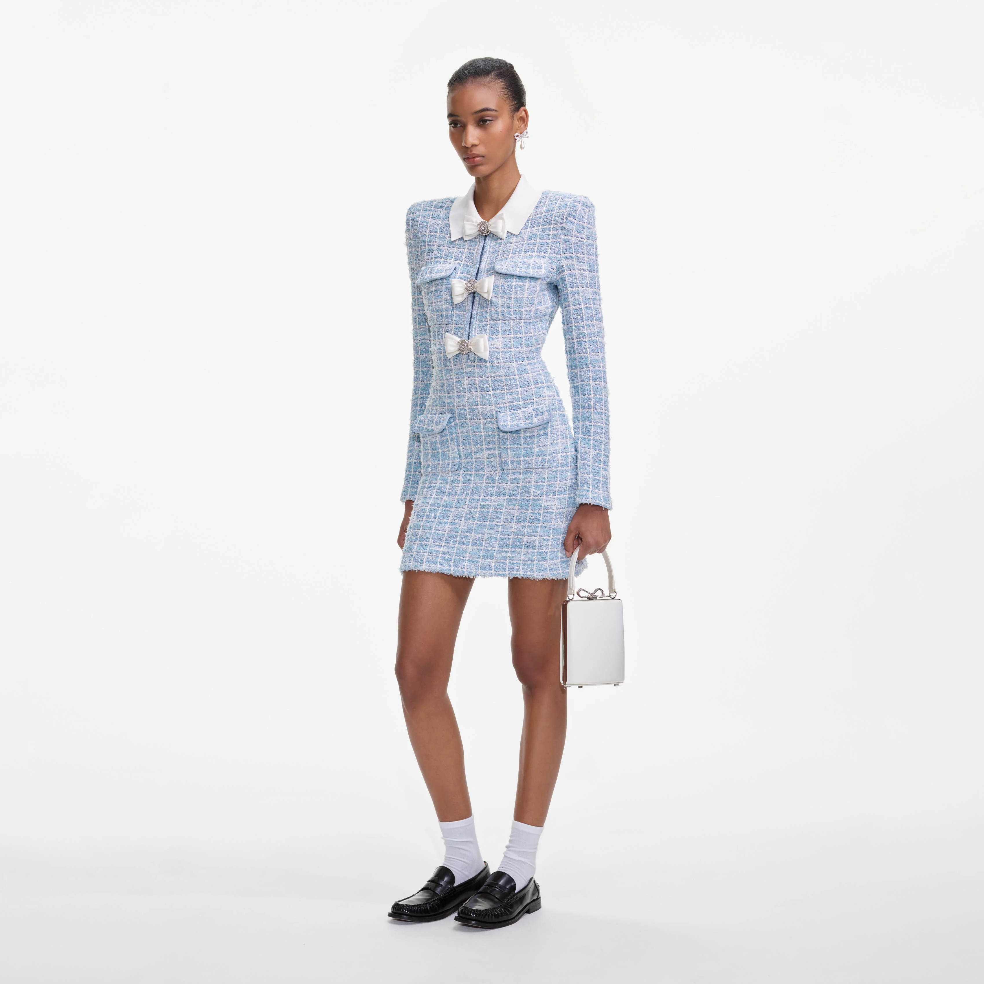 Blue Check Collared Knit Mini Dress - Image 2