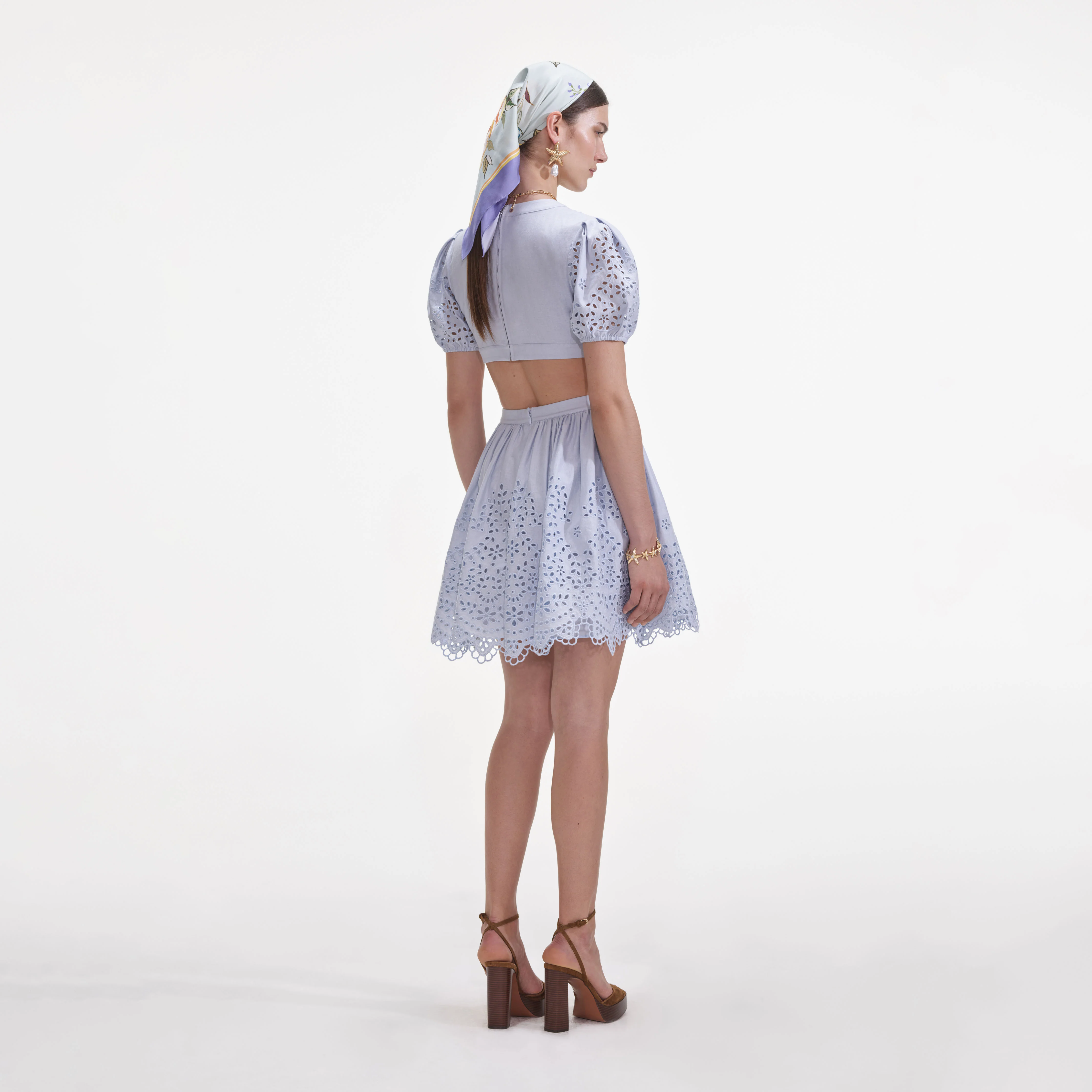 Blue Embroidered Linen Mini Dress - Image 3