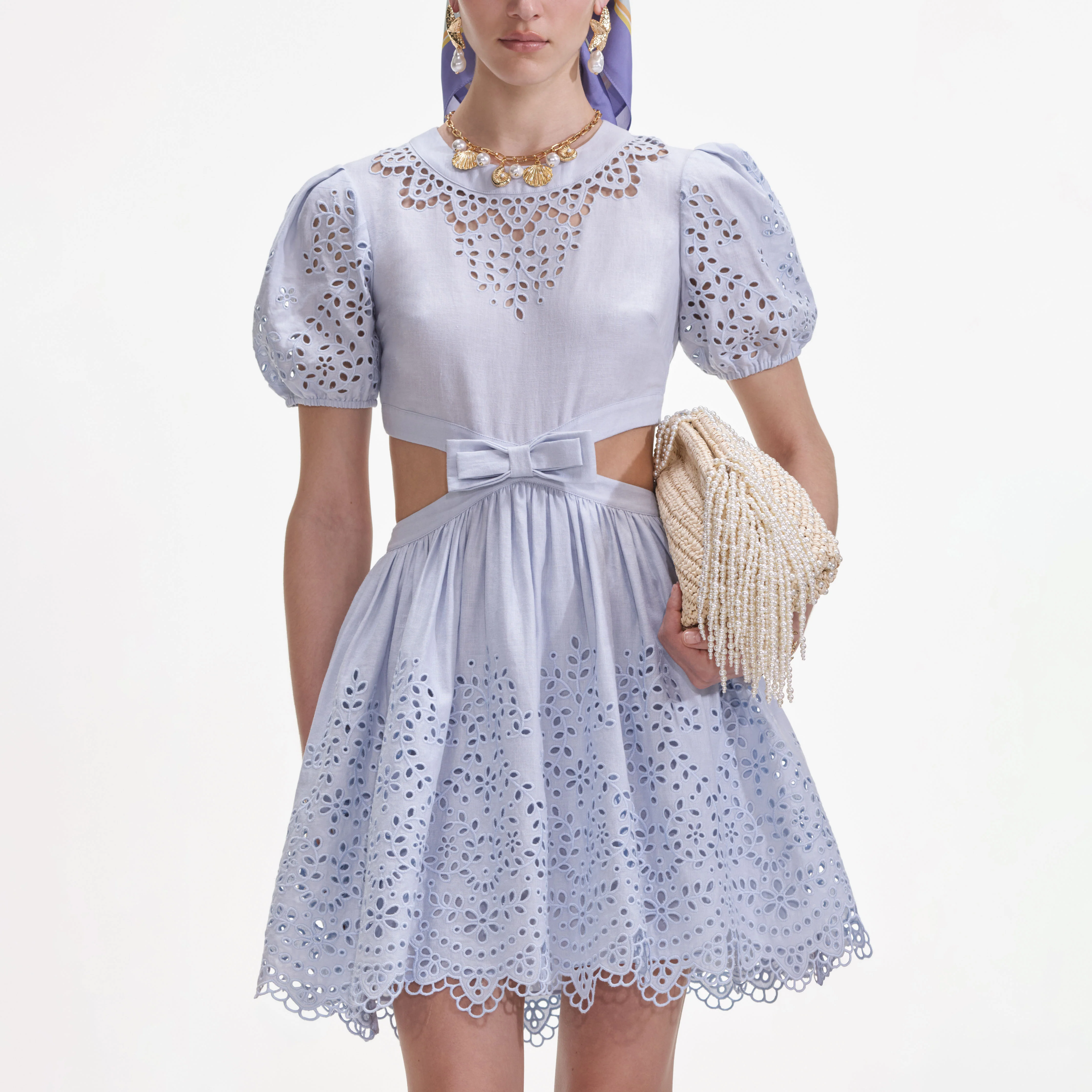 Blue Embroidered Linen Mini Dress - Image 4