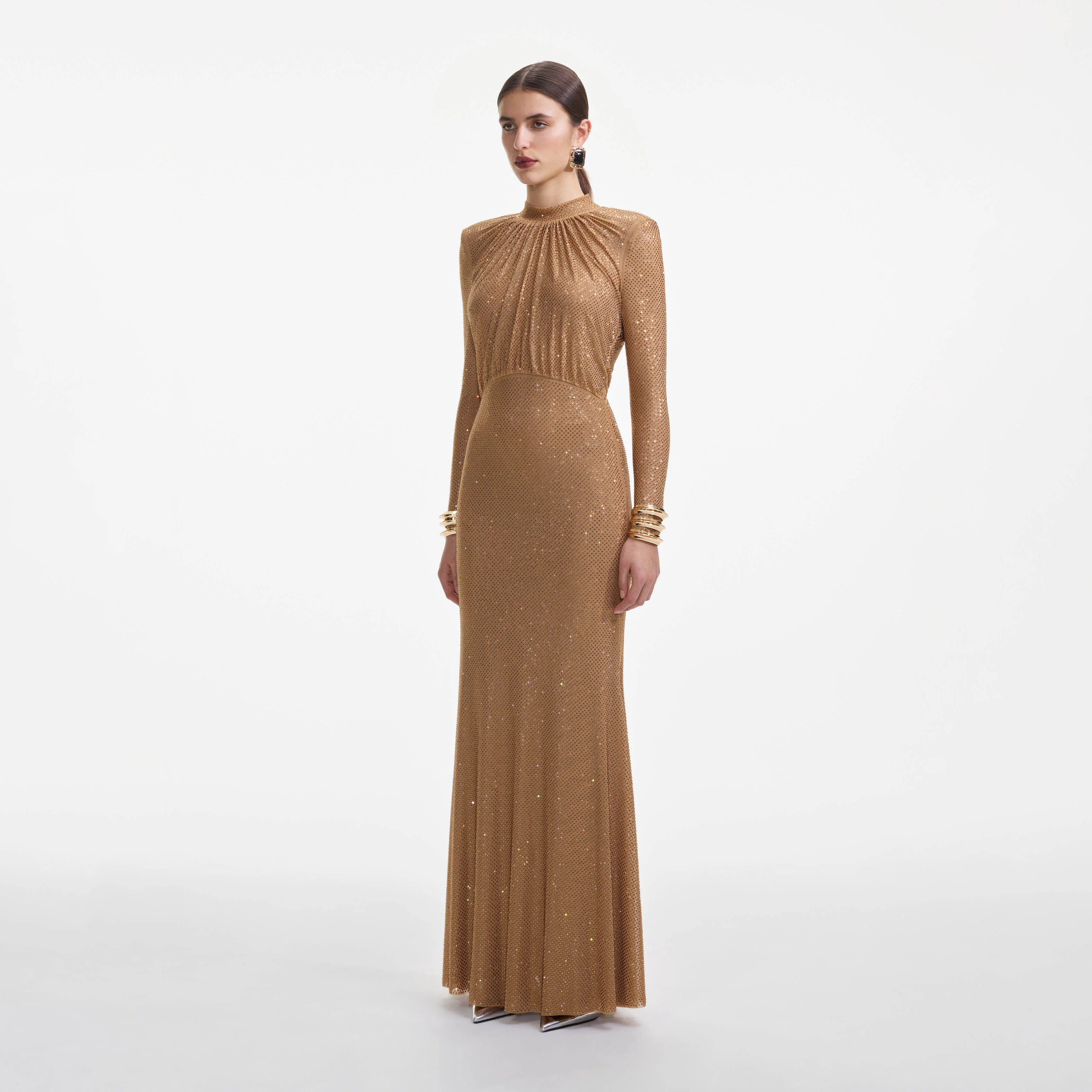 Brown Rhinestone Gathered Maxi Dress - Image 2