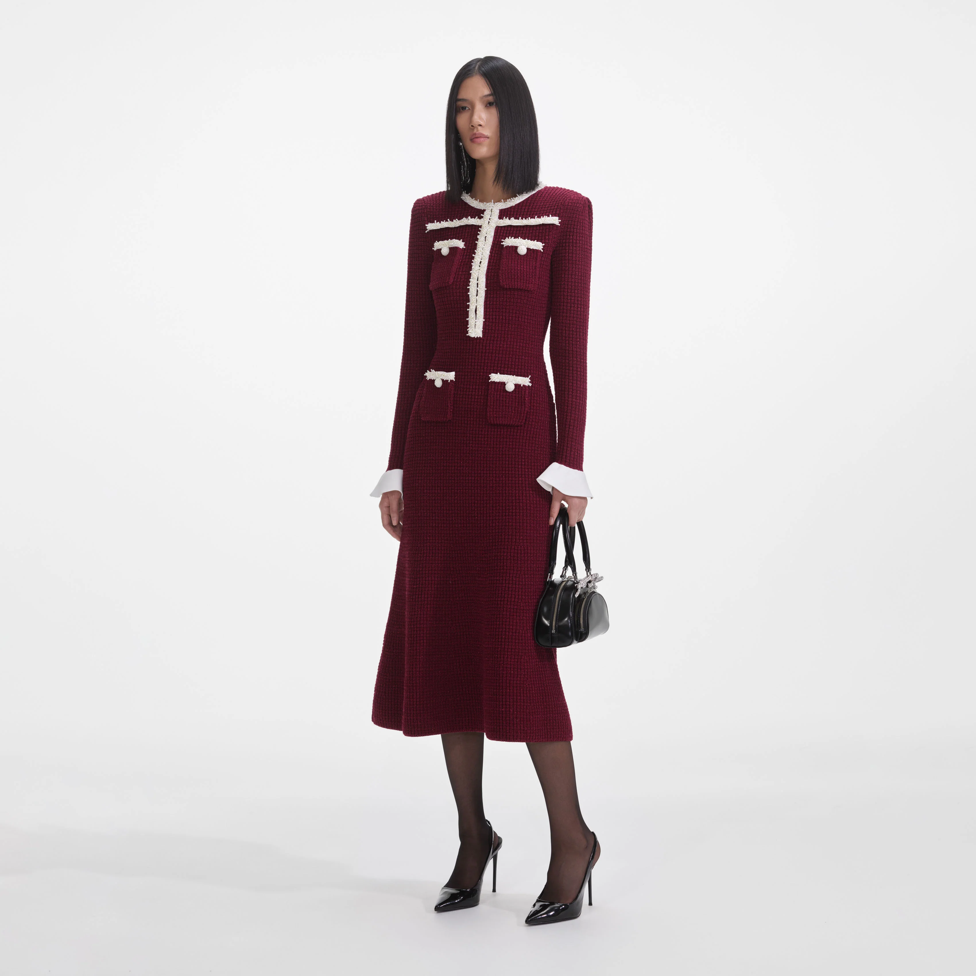 Burgundy Pearl Trim Knit Midi Dress - Image 2