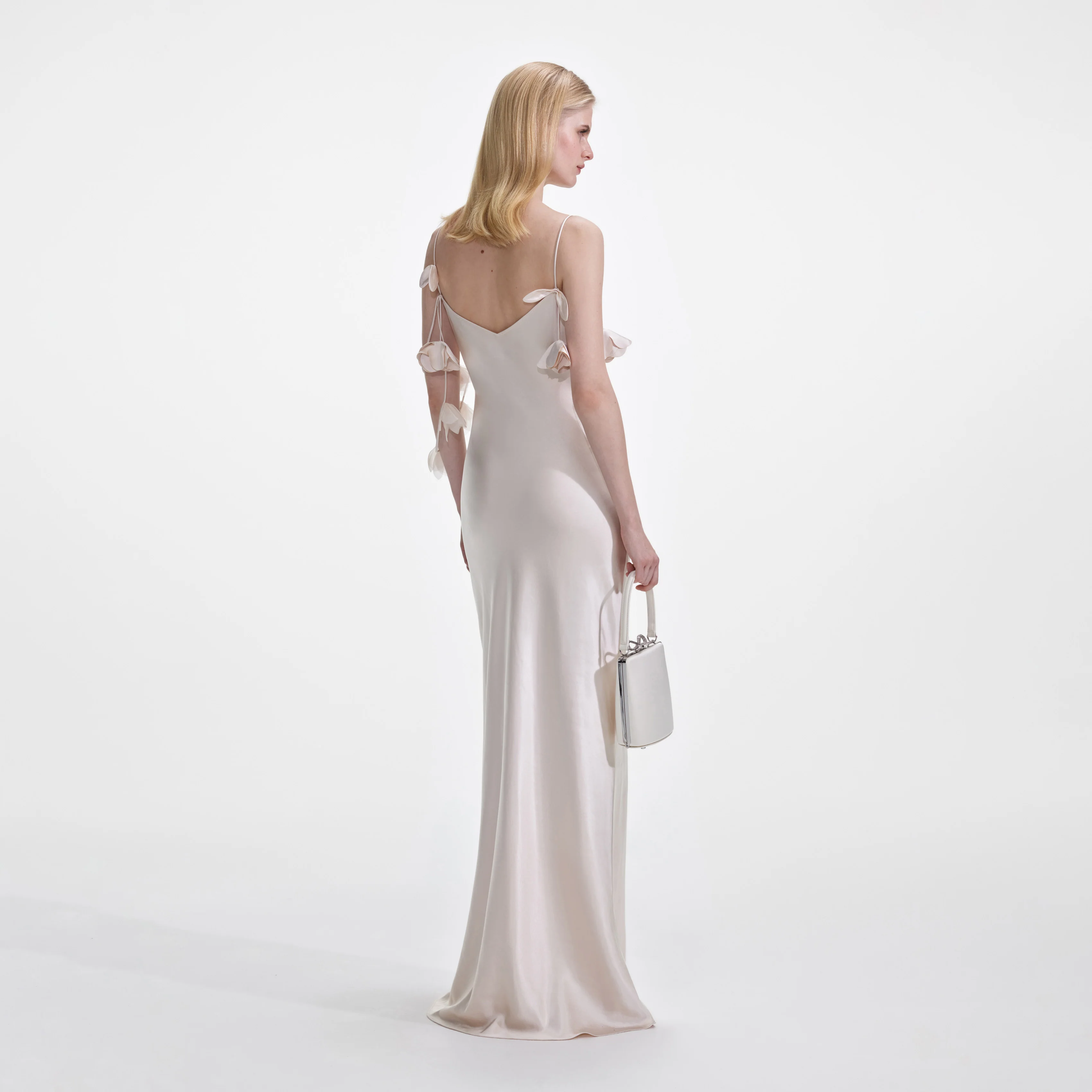 Champagne Flower Satin Maxi Dress - Image 3