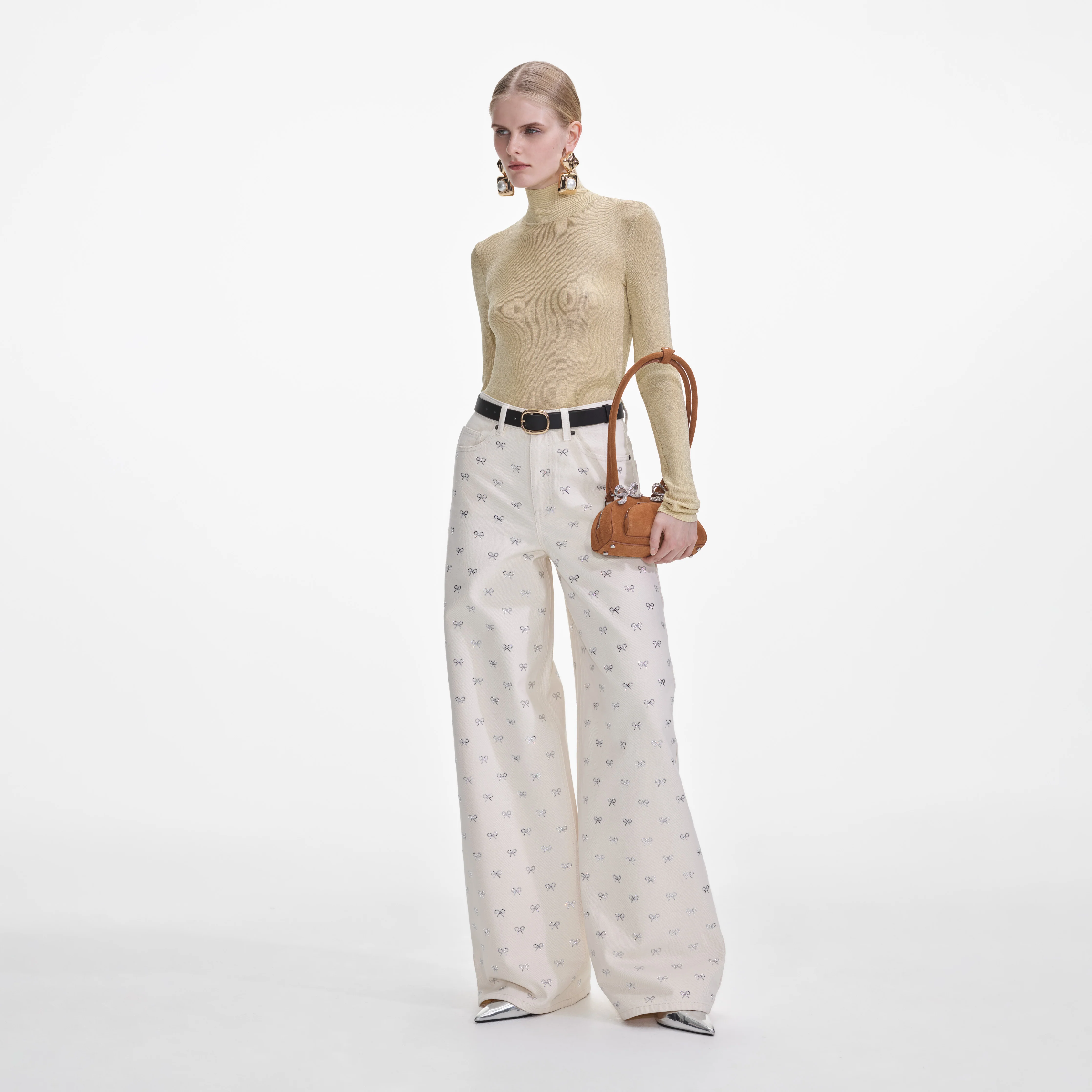 Cream Denim Diamante Bow Jeans - Image 2
