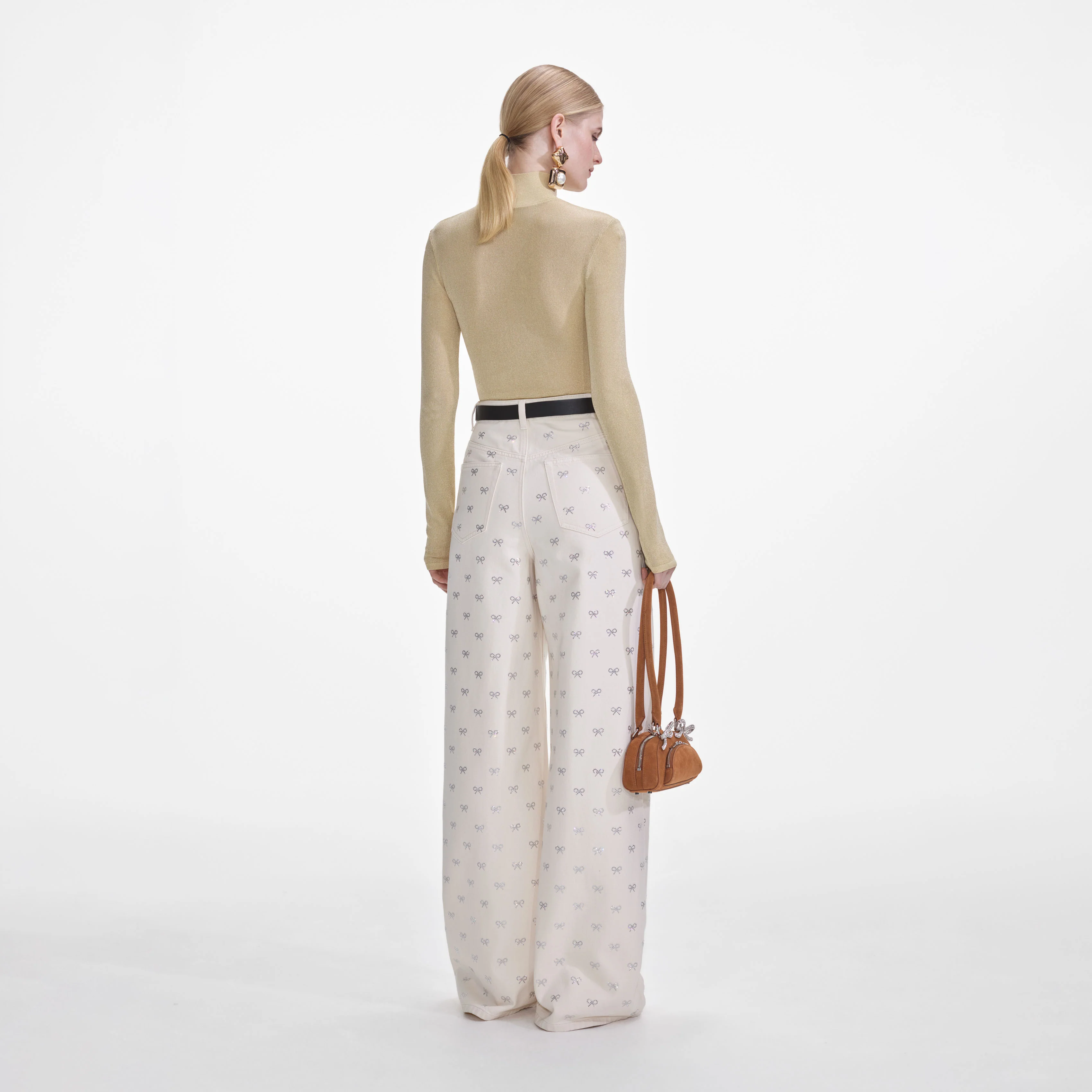 Cream Denim Diamante Bow Jeans - Image 3