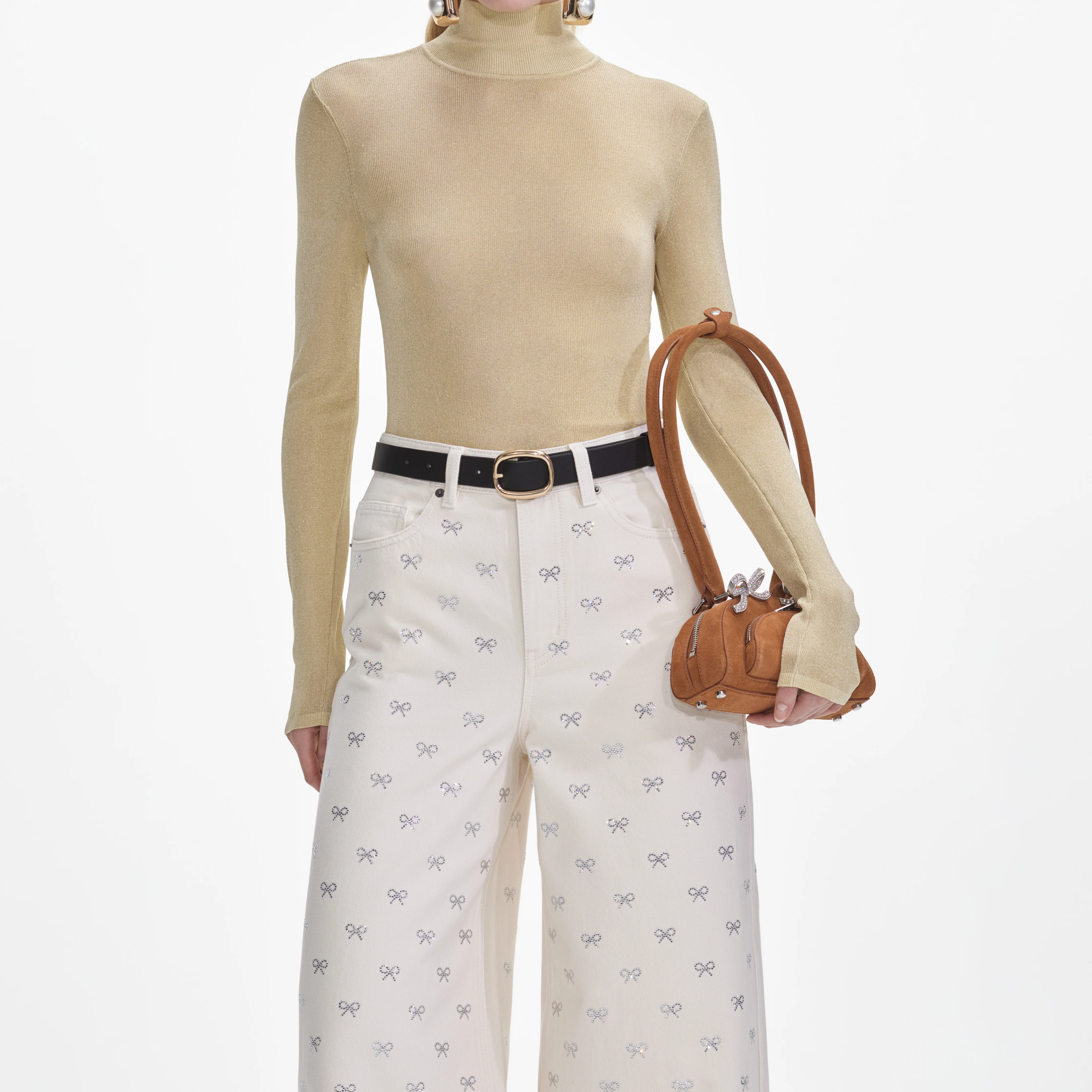 Cream Denim Diamante Bow Jeans - Image 4