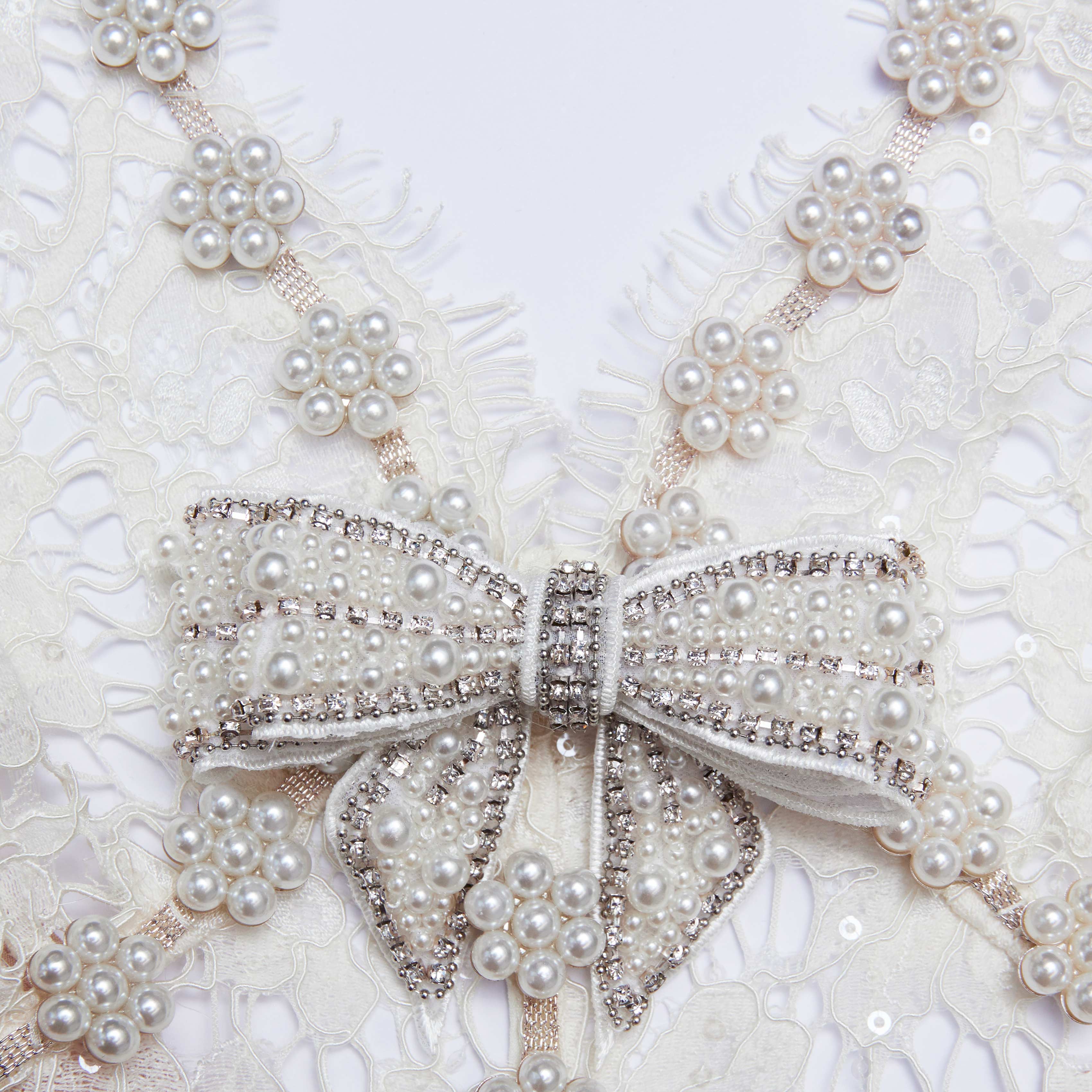 Cream Fine Lace Pearl Midi Dress - Image 5