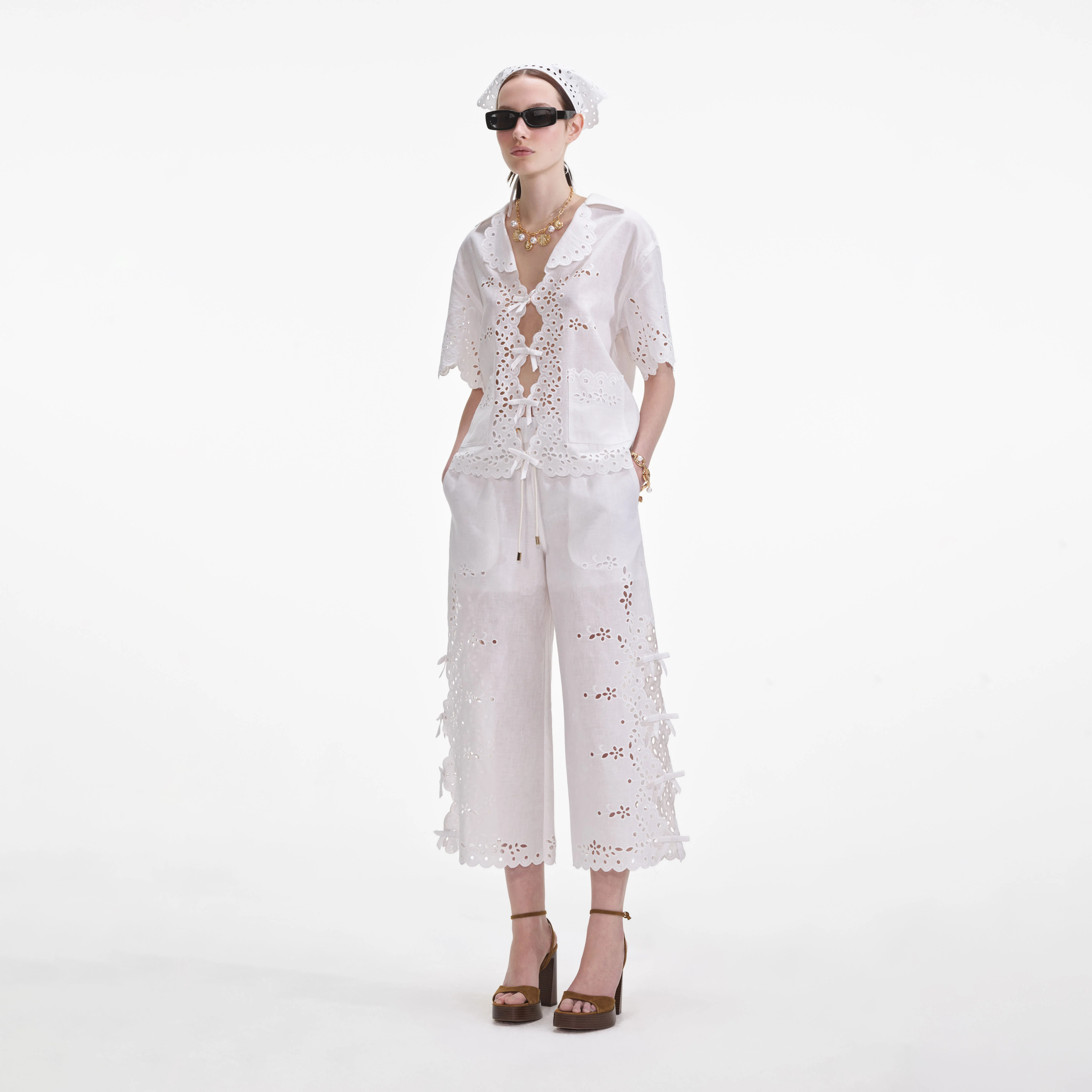 Cream Linen Embroidered Trousers - Image 2