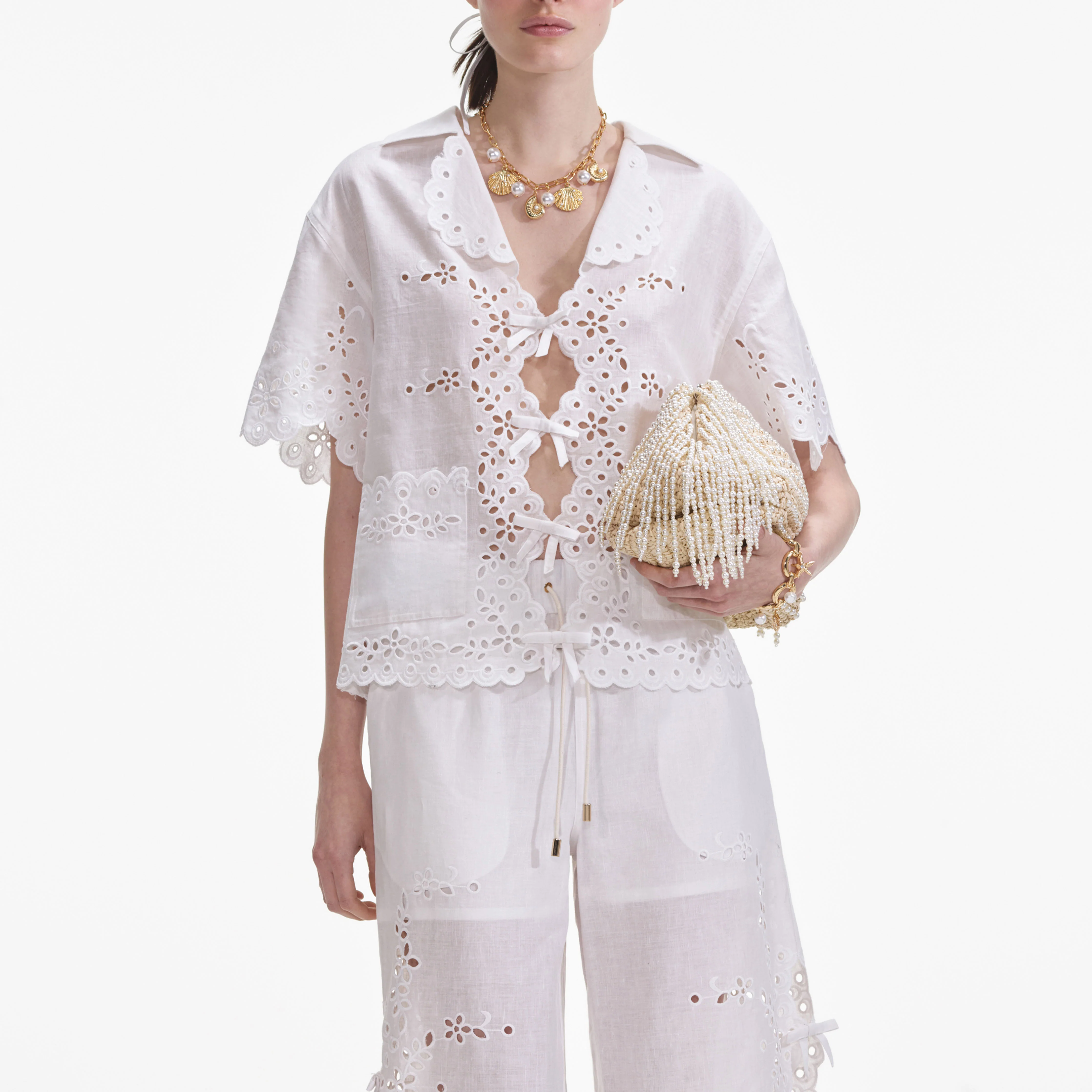 Cream Linen Embroidered Trousers - Image 4