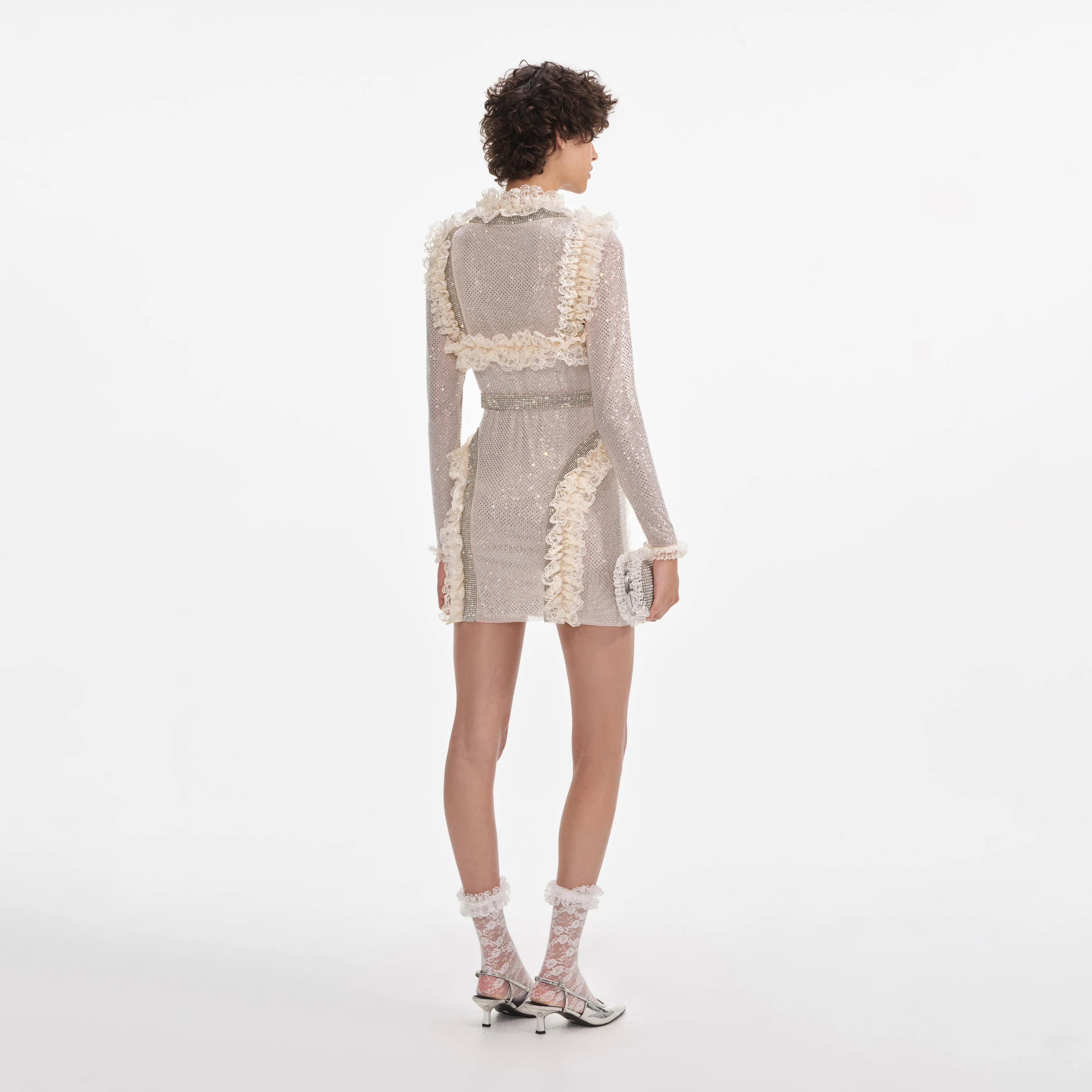 Cream Rhinestone Mesh Ruffle Mini Dress - Image 3