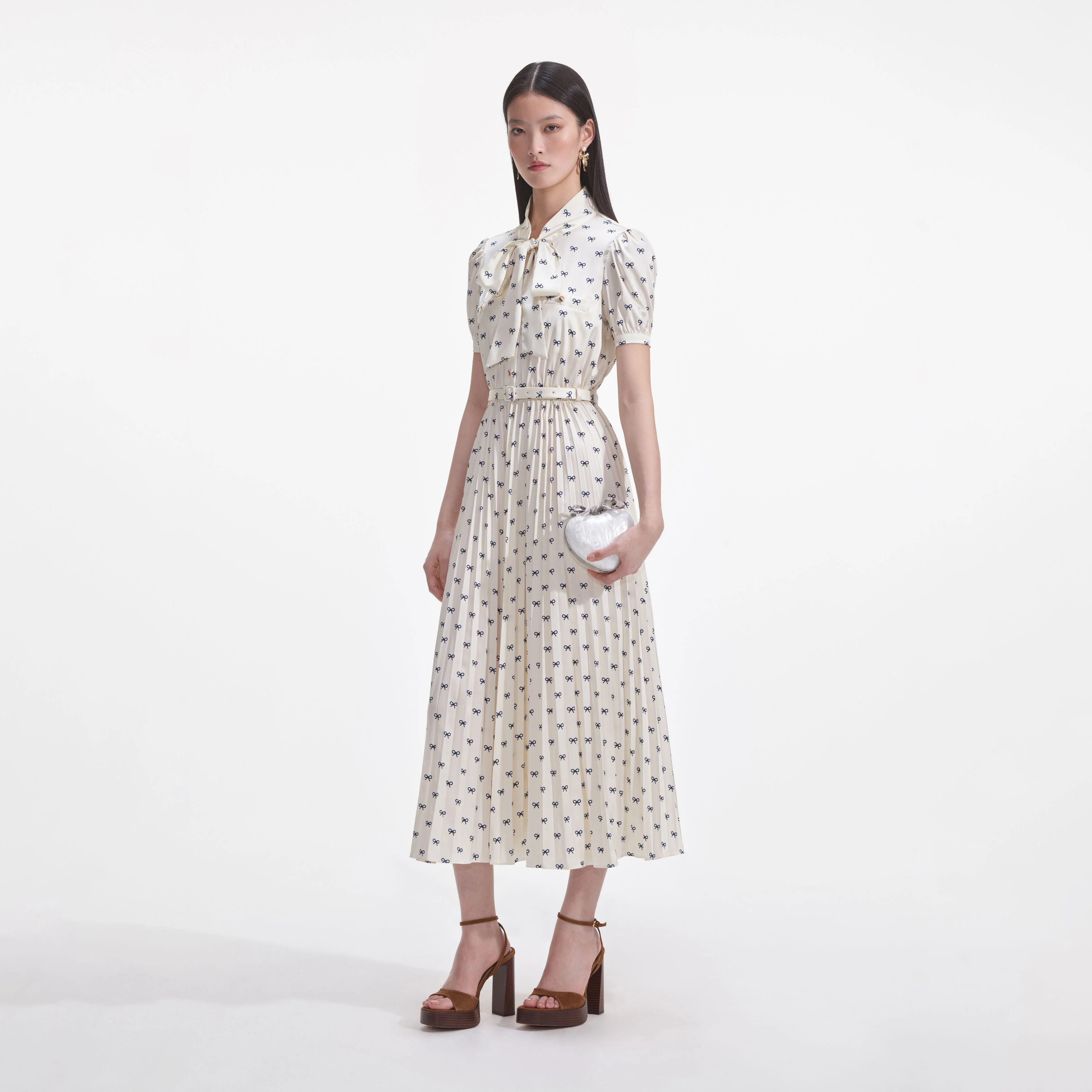 Cream Satin Bow Print Midi Dress - Image 2