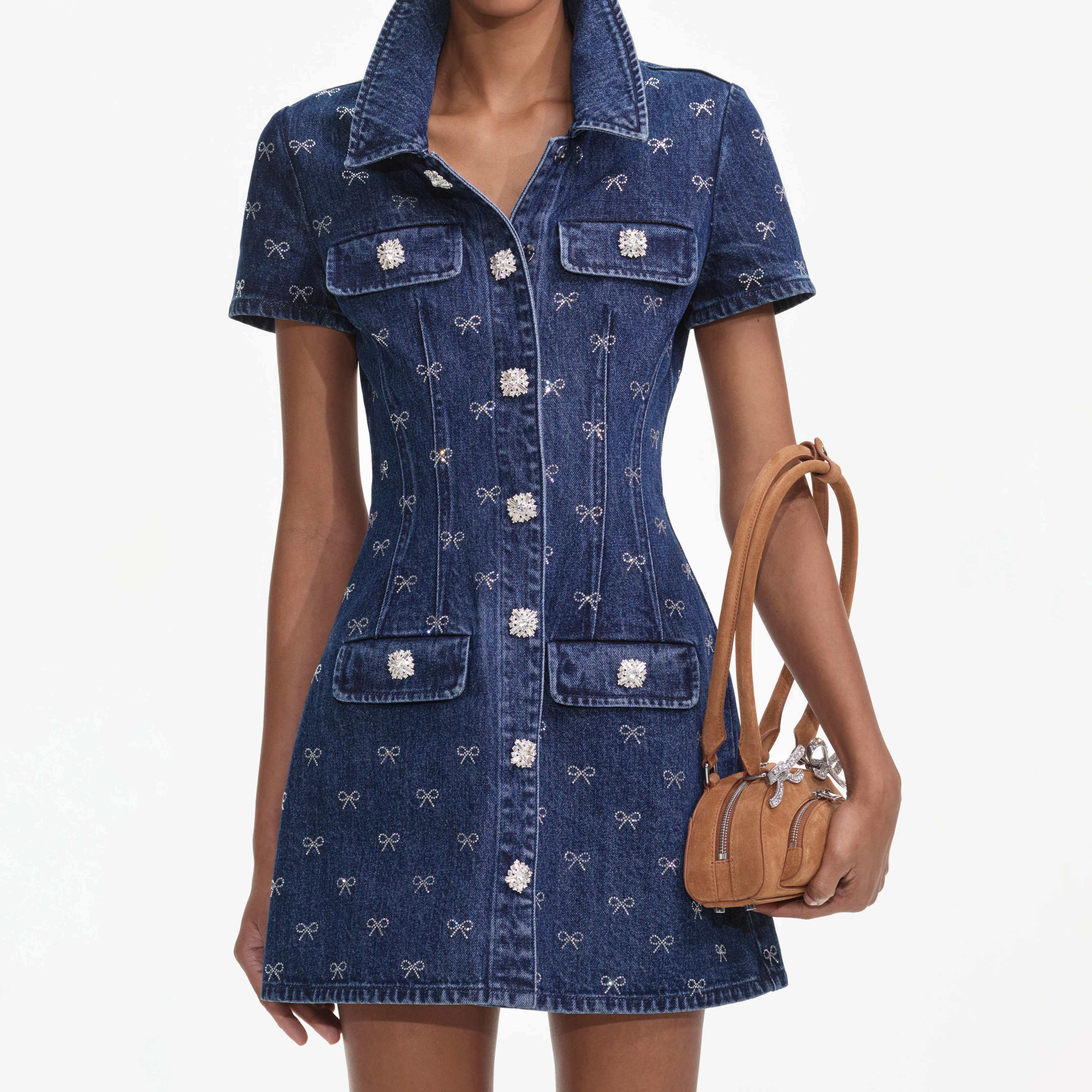 Denim Diamante Bow Collared Mini Dress - Image 5