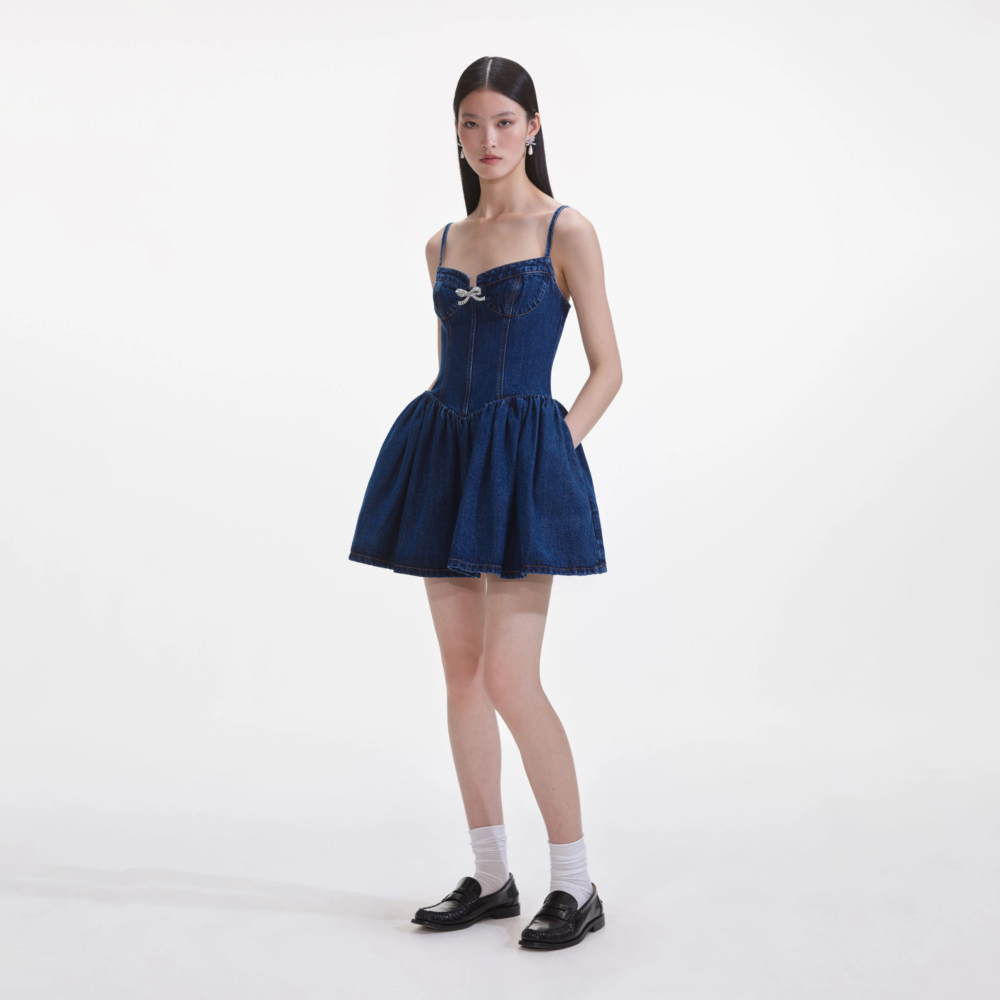 Denim Diamante Bow Sweetheart Mini Dress - Image 2