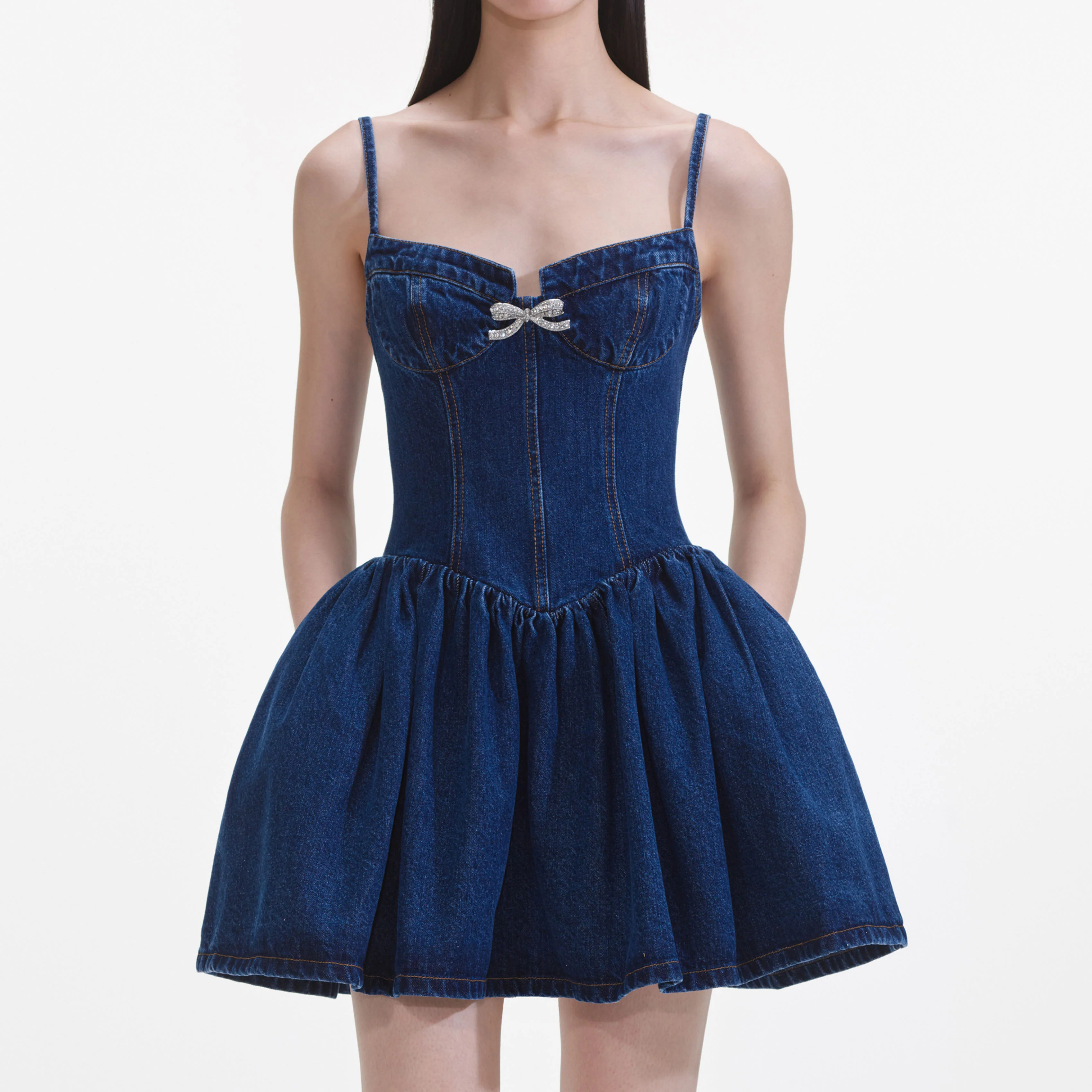 Denim Diamante Bow Sweetheart Mini Dress - Image 4