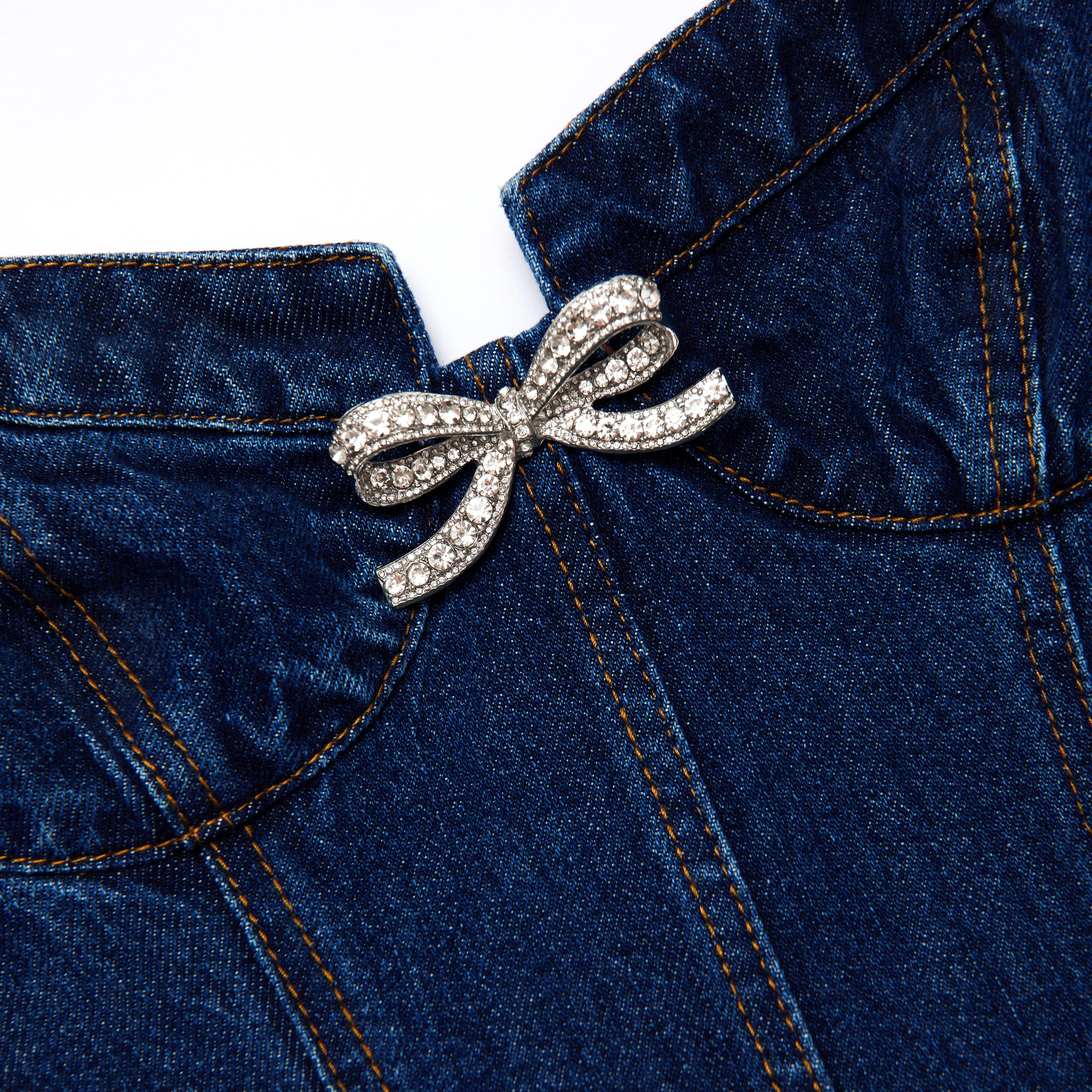 Denim Diamante Bow Sweetheart Mini Dress - Image 5