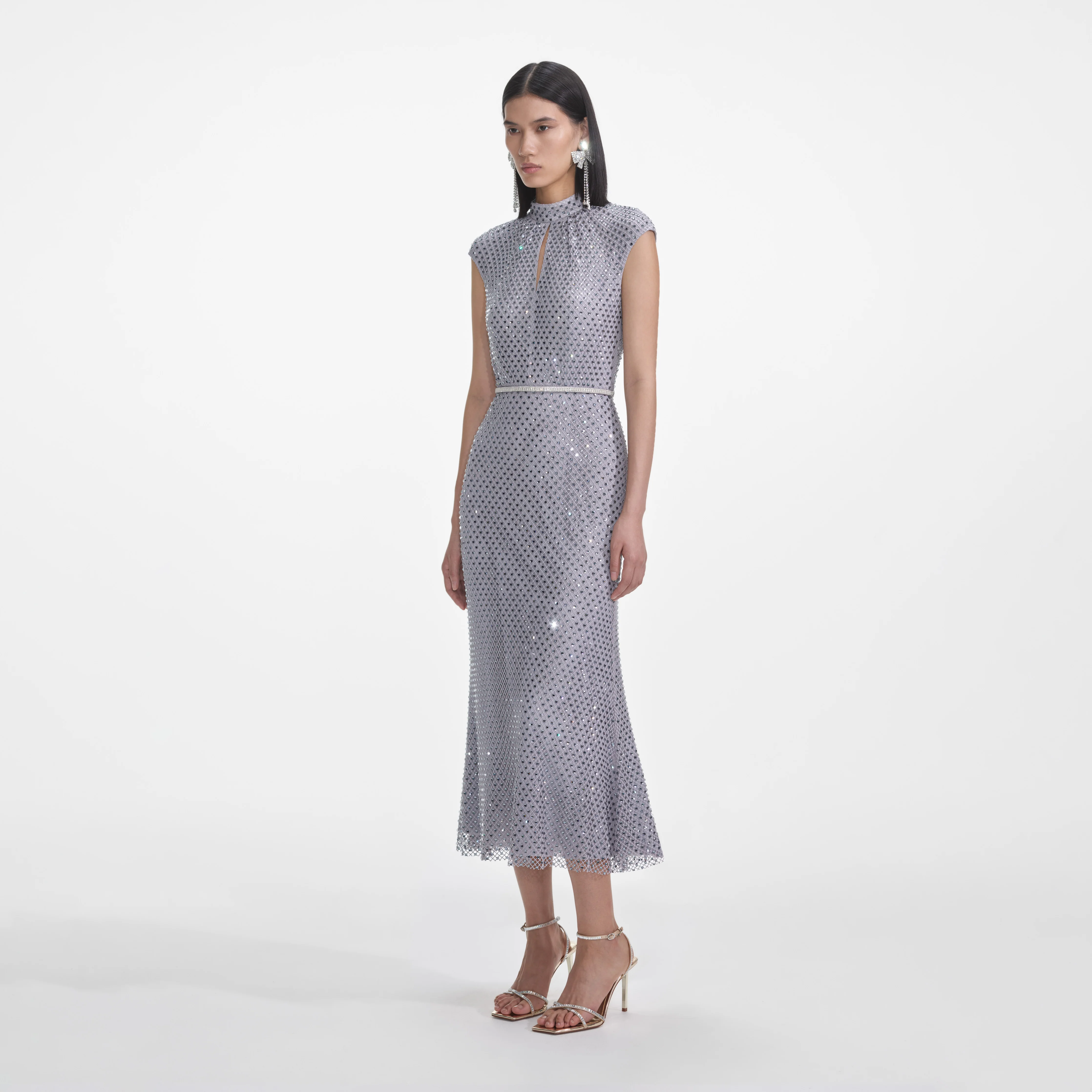 Grey Rhinestone Fishnet Midi Dress - Image 2