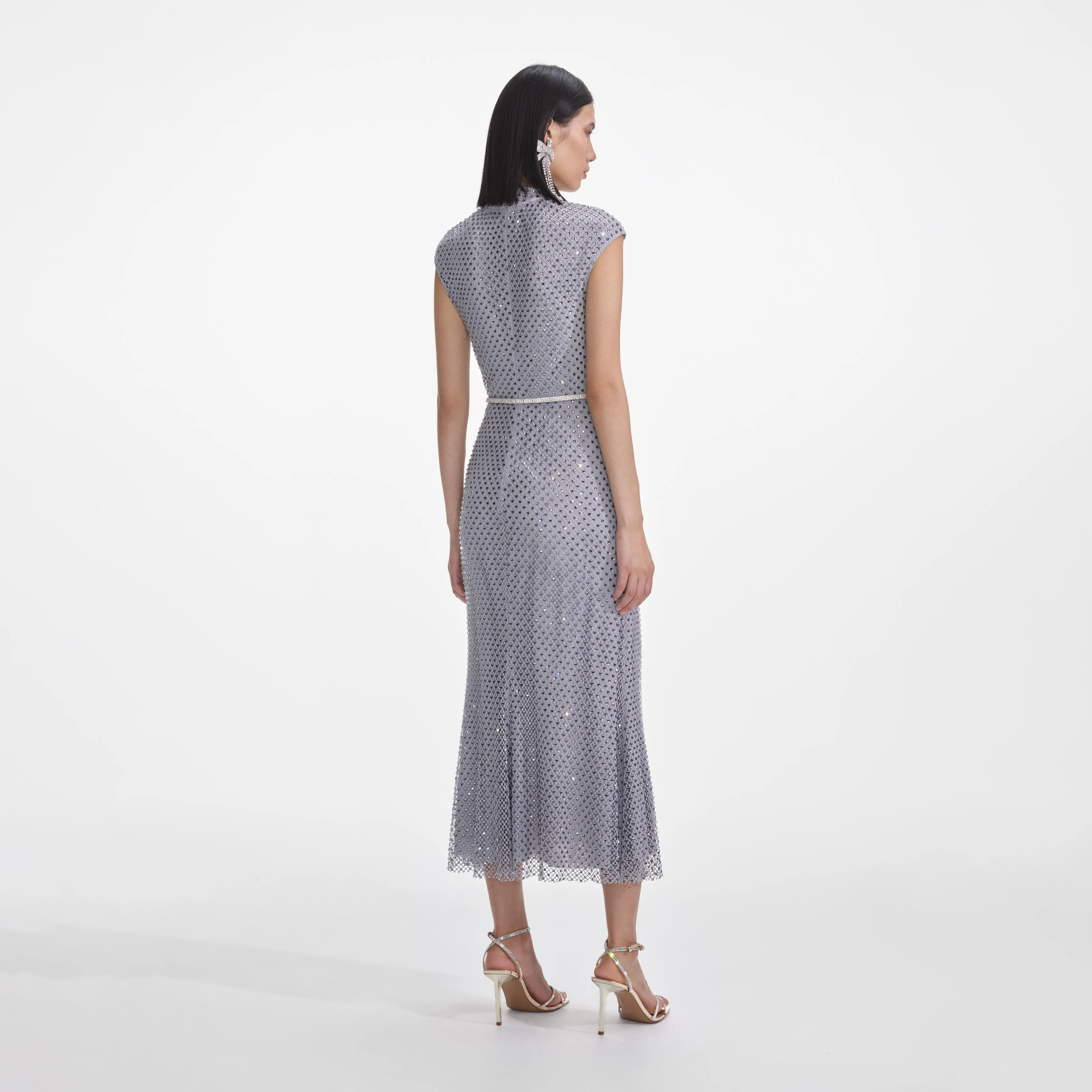 Grey Rhinestone Fishnet Midi Dress - Image 3