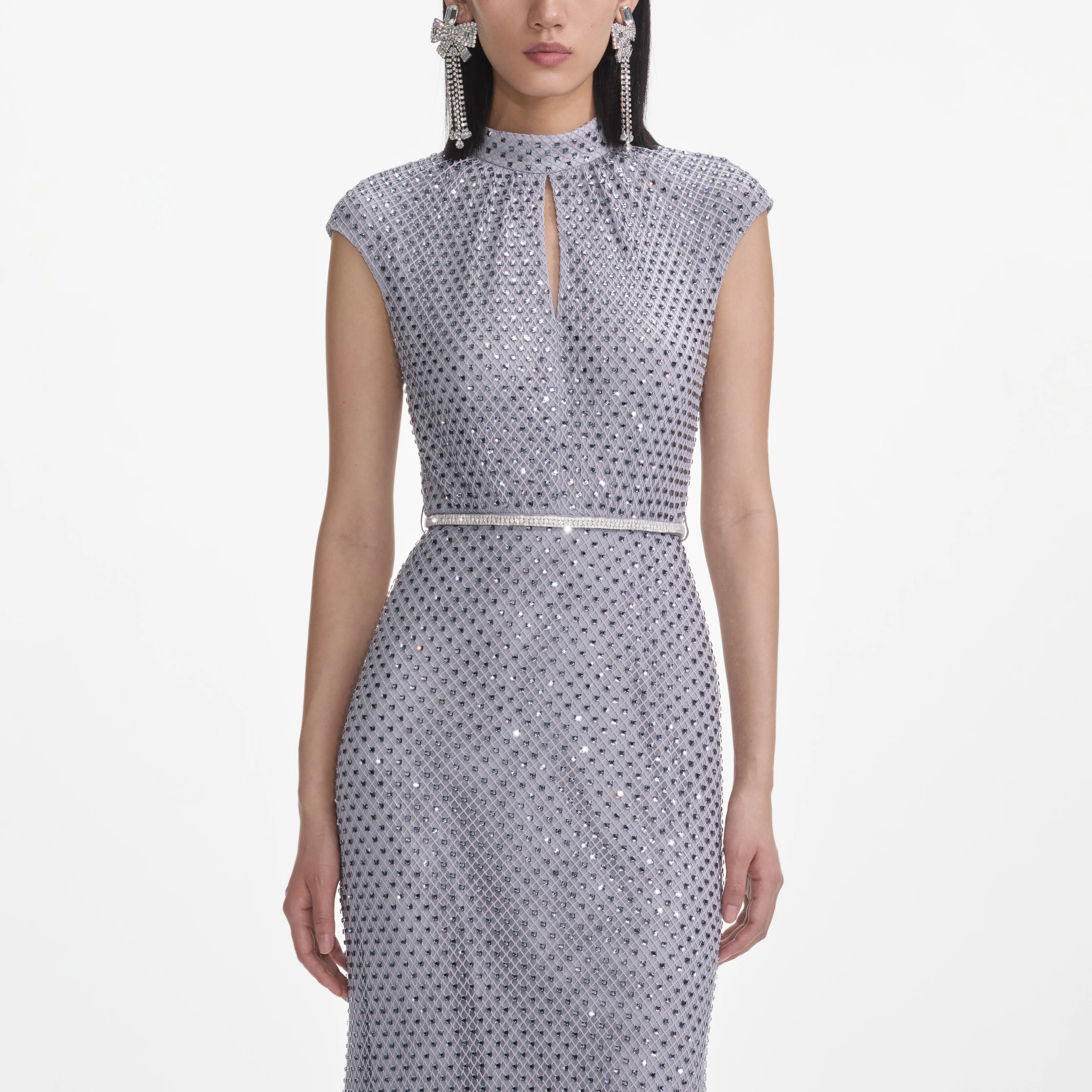 Grey Rhinestone Fishnet Midi Dress - Image 4