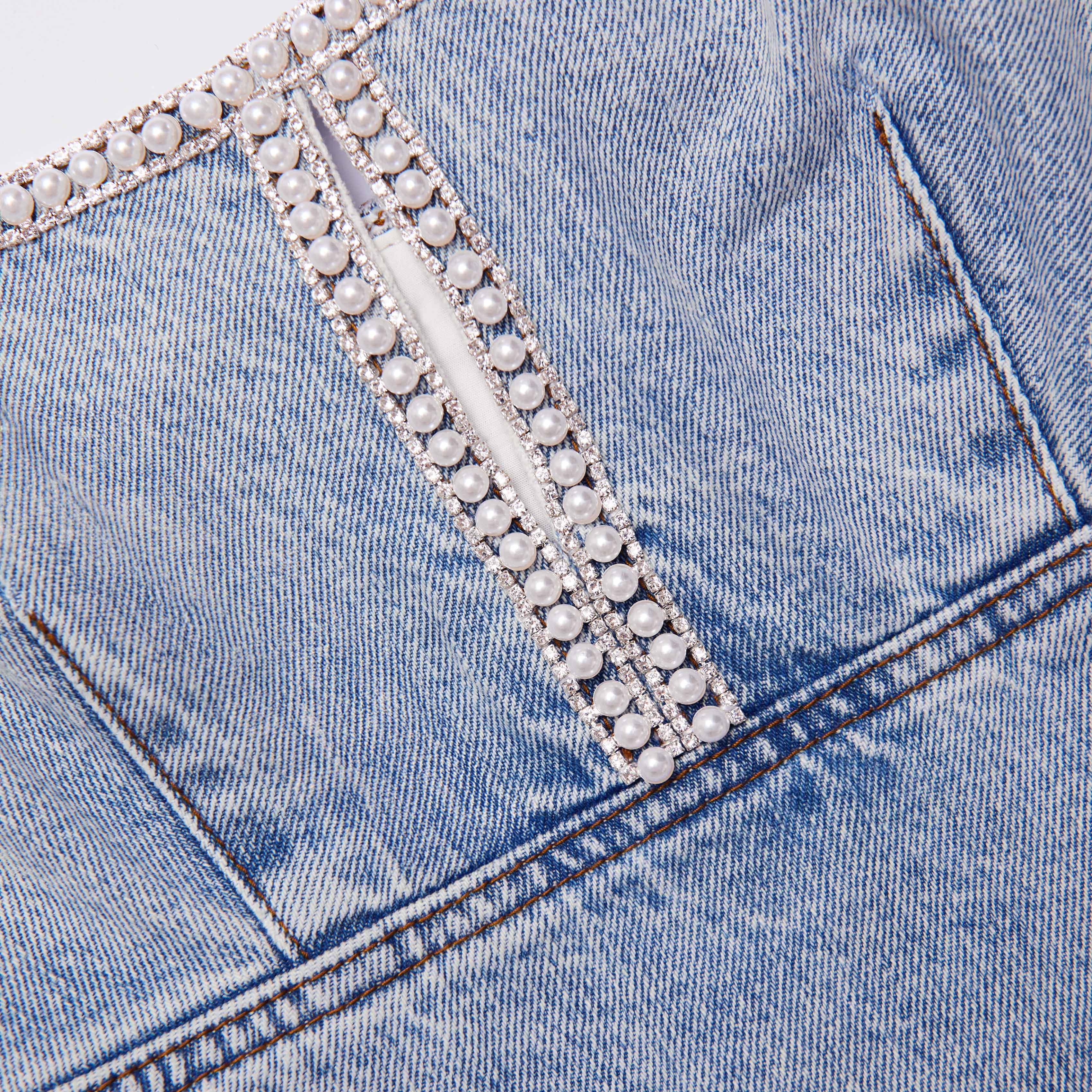 Light Blue Denim Pearl Mini Dress - Image 5