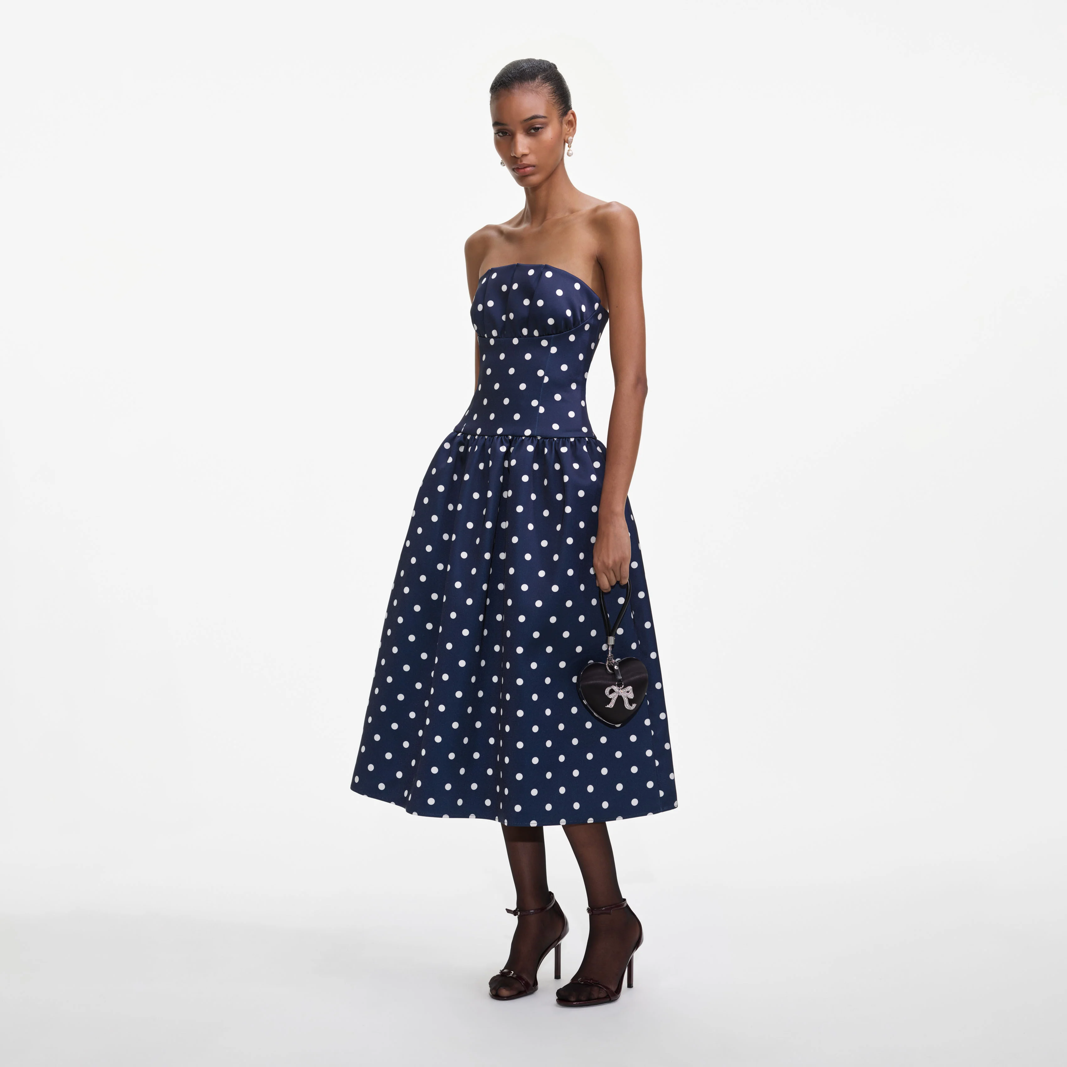 Navy Bandeau Polka Dot Satin Midi Dress - Image 2