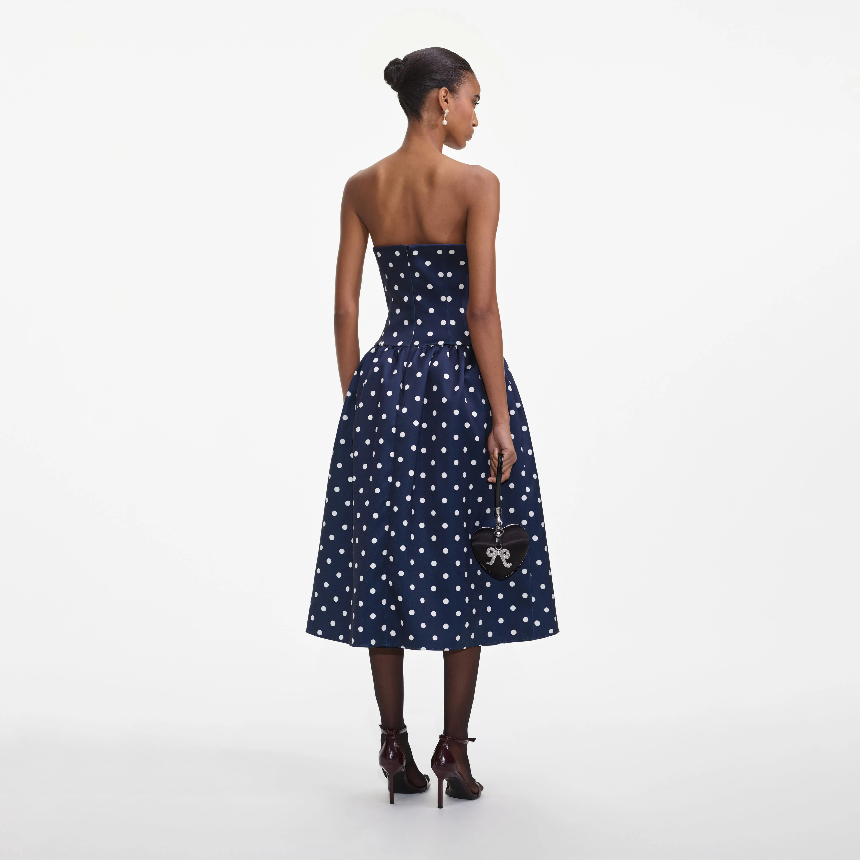Navy Bandeau Polka Dot Satin Midi Dress - Image 3