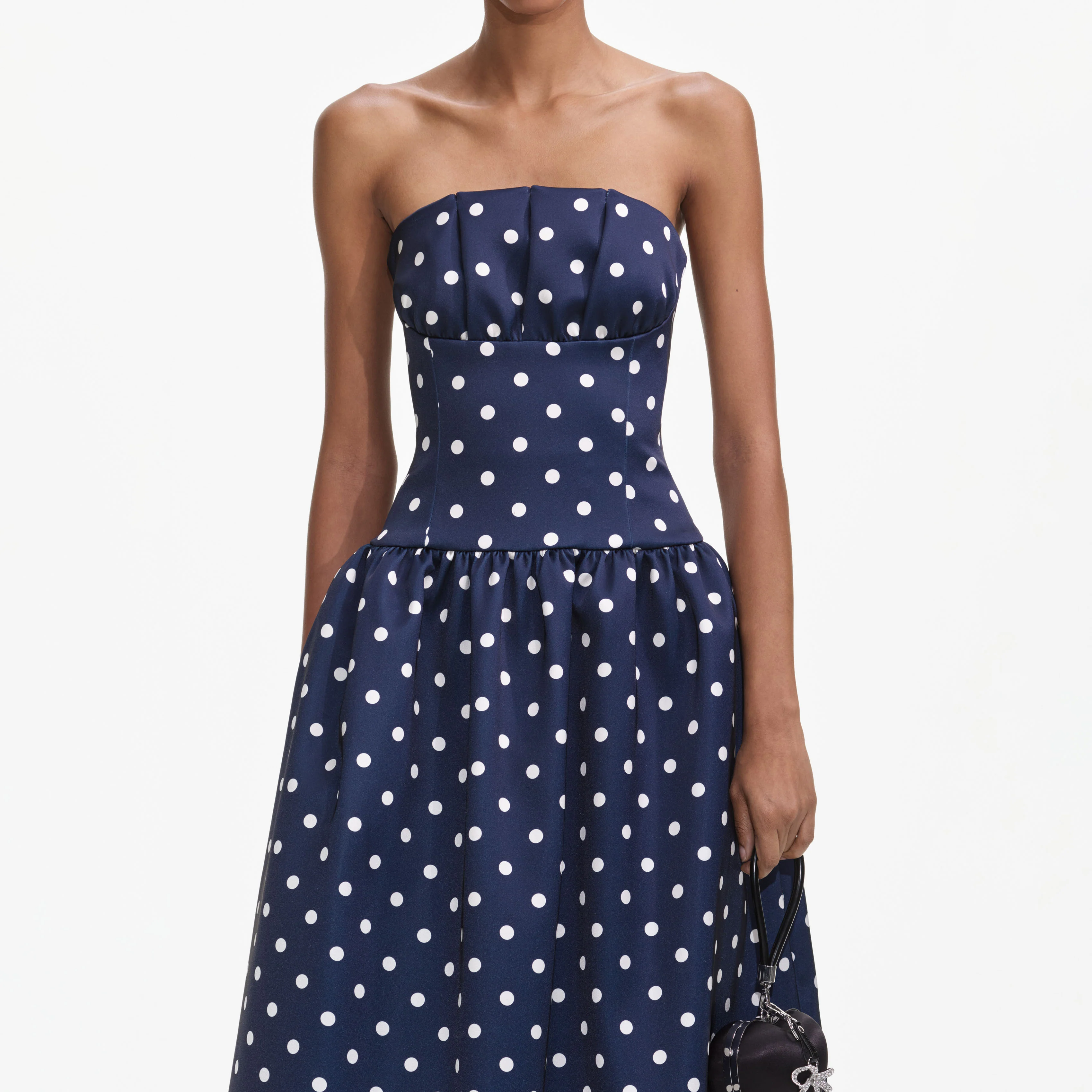 Navy Bandeau Polka Dot Satin Midi Dress - Image 4