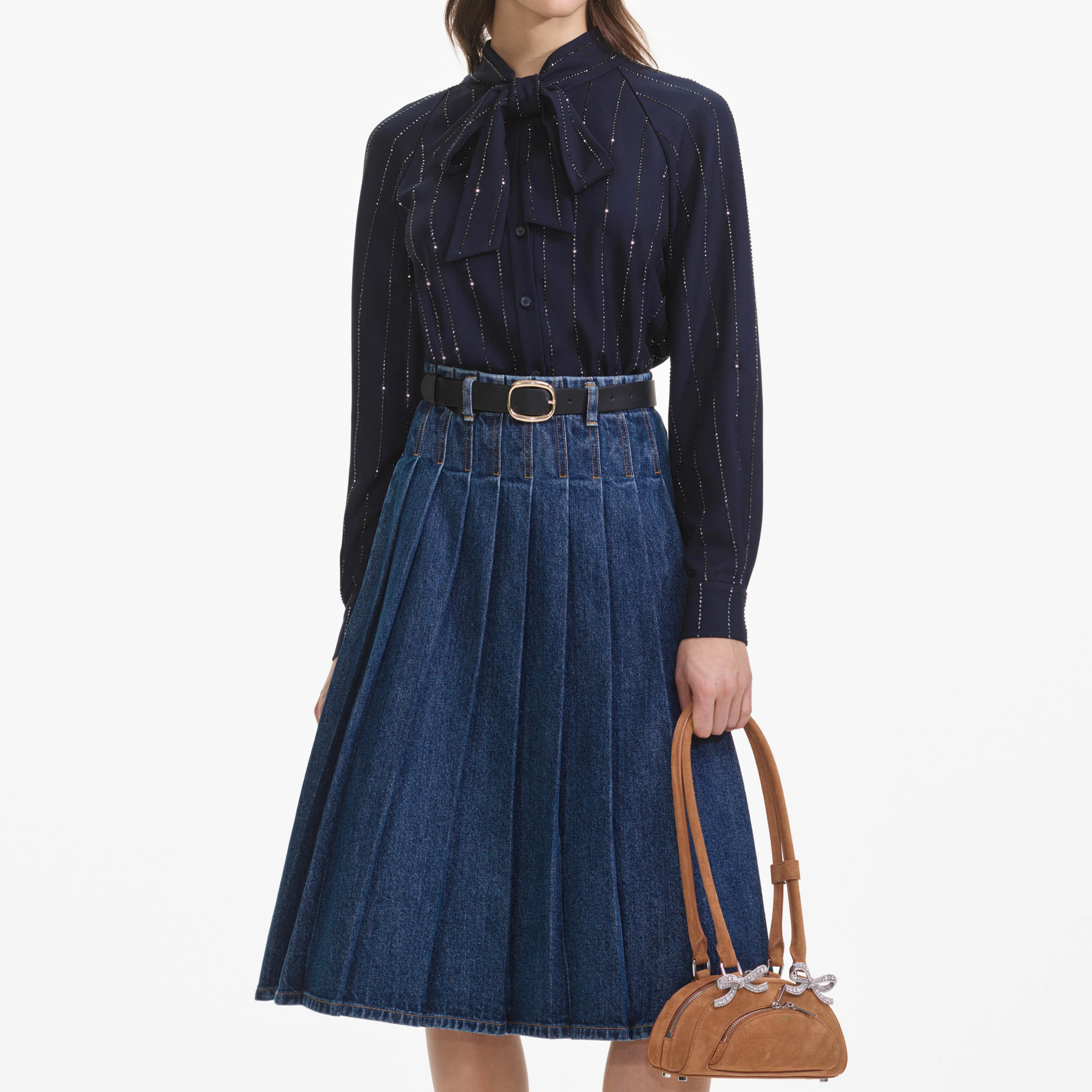 Navy Rhinestone Pinstripe Blouse - Image 4