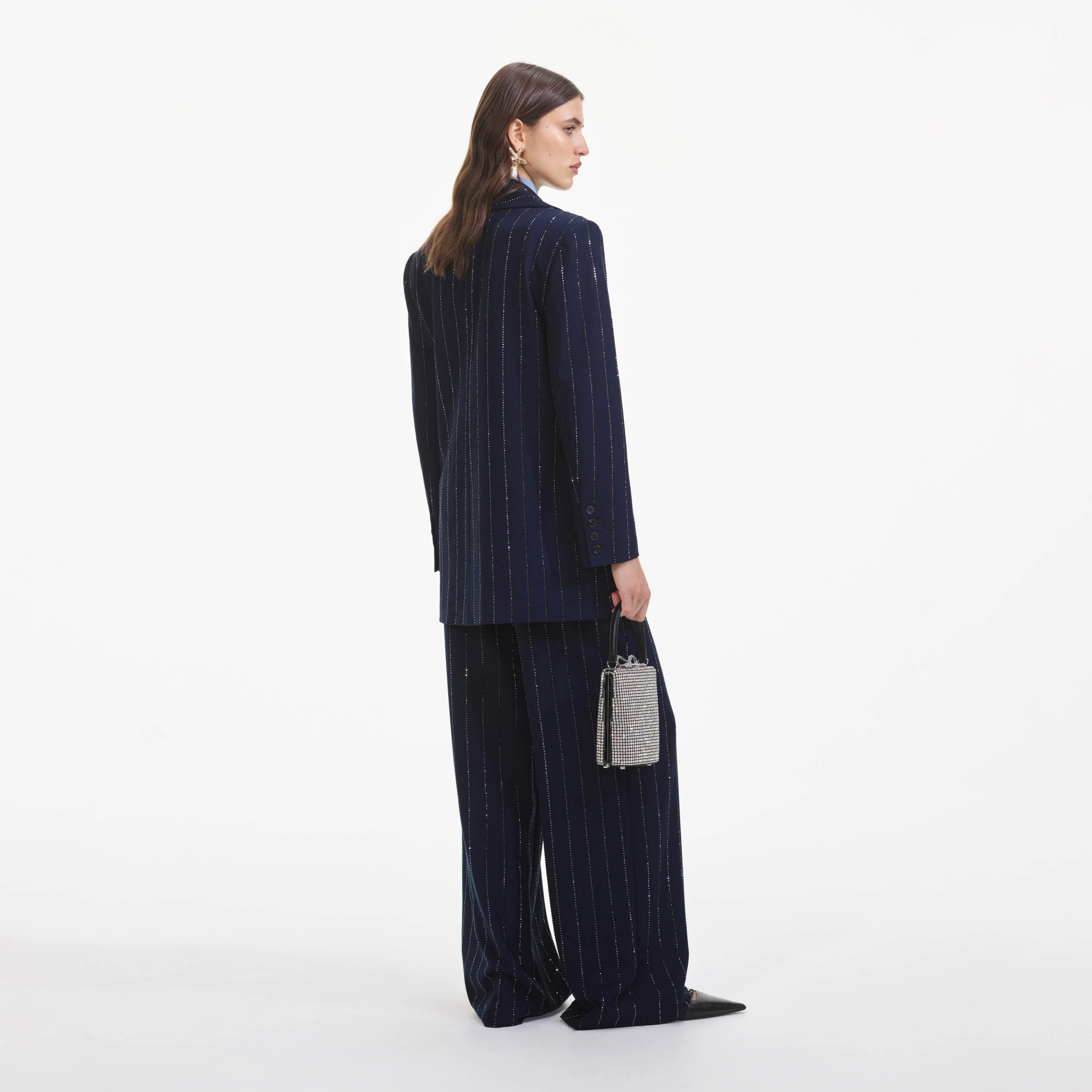 Navy Rhinestone Pinstripe Trousers - Image 3