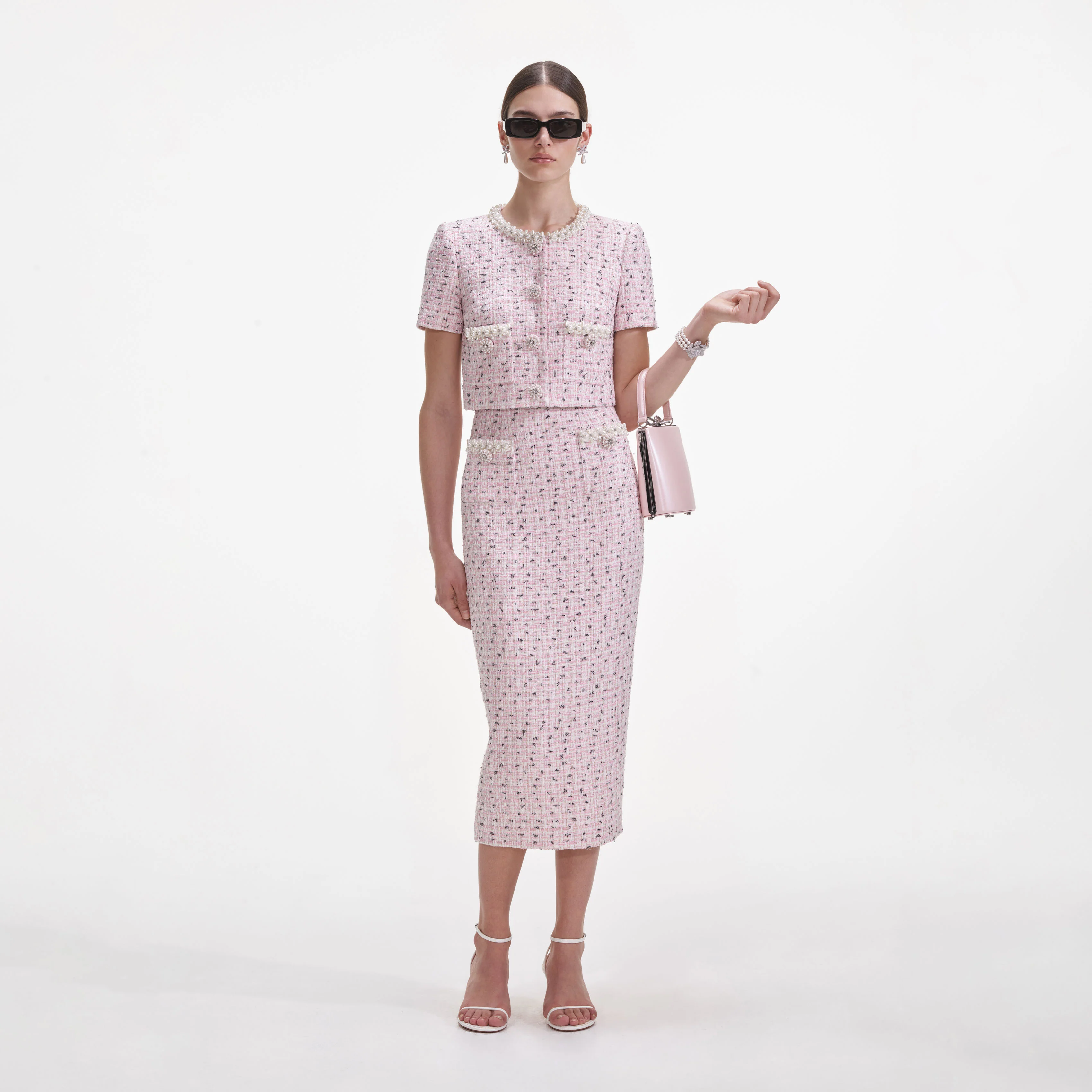 Pink Boucle Pearl Midi Skirt