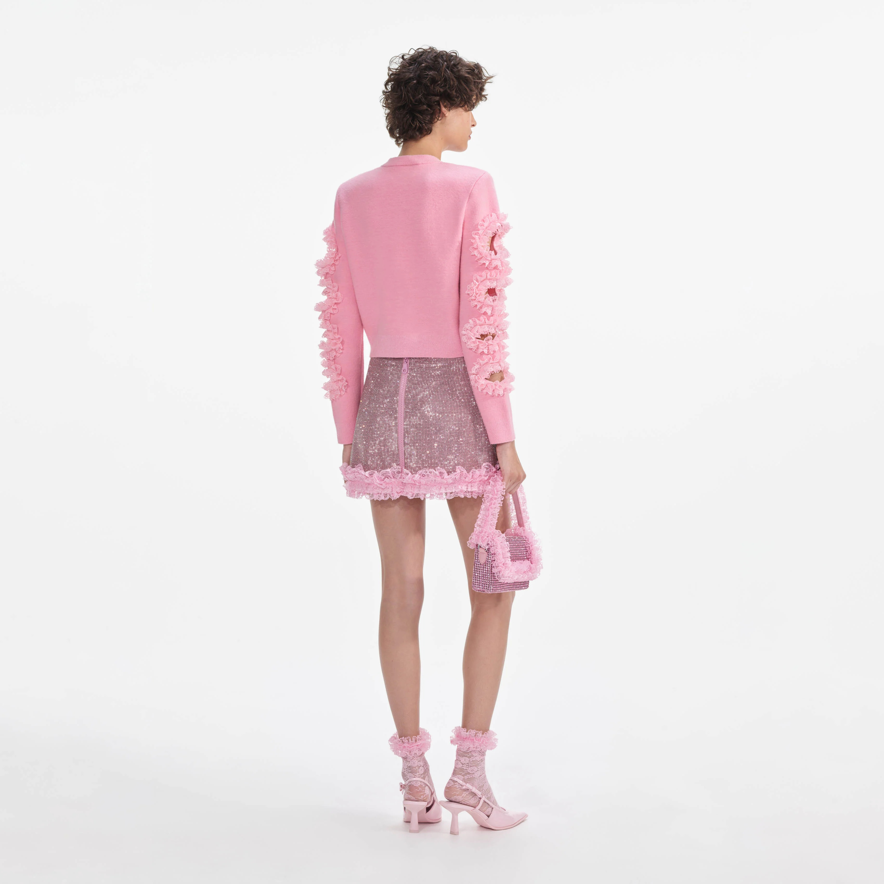 Pink Cut Out Lace Detail Cardigan - Image 3