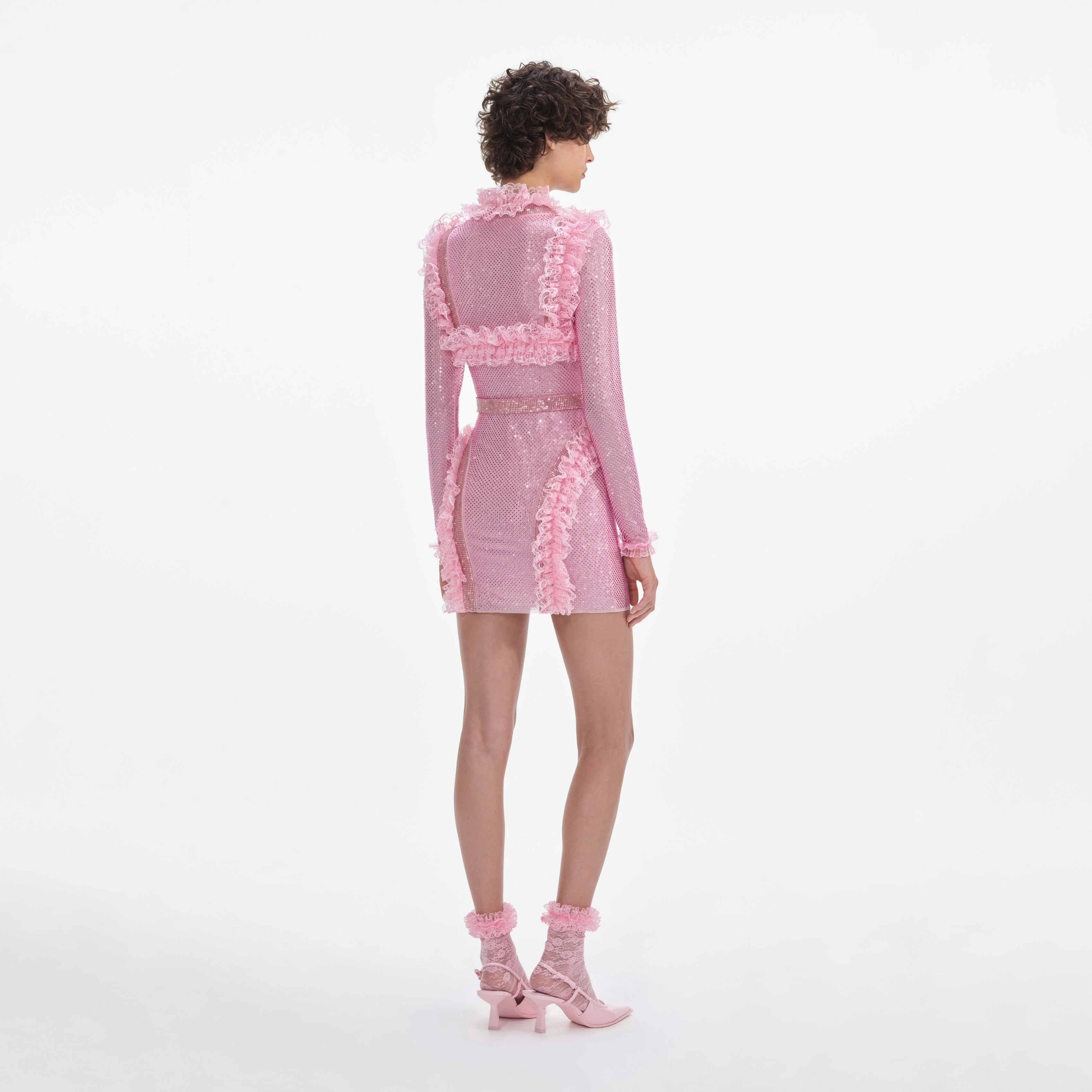 Pink Rhinestone Mesh Ruffle Mini Dress - Image 3